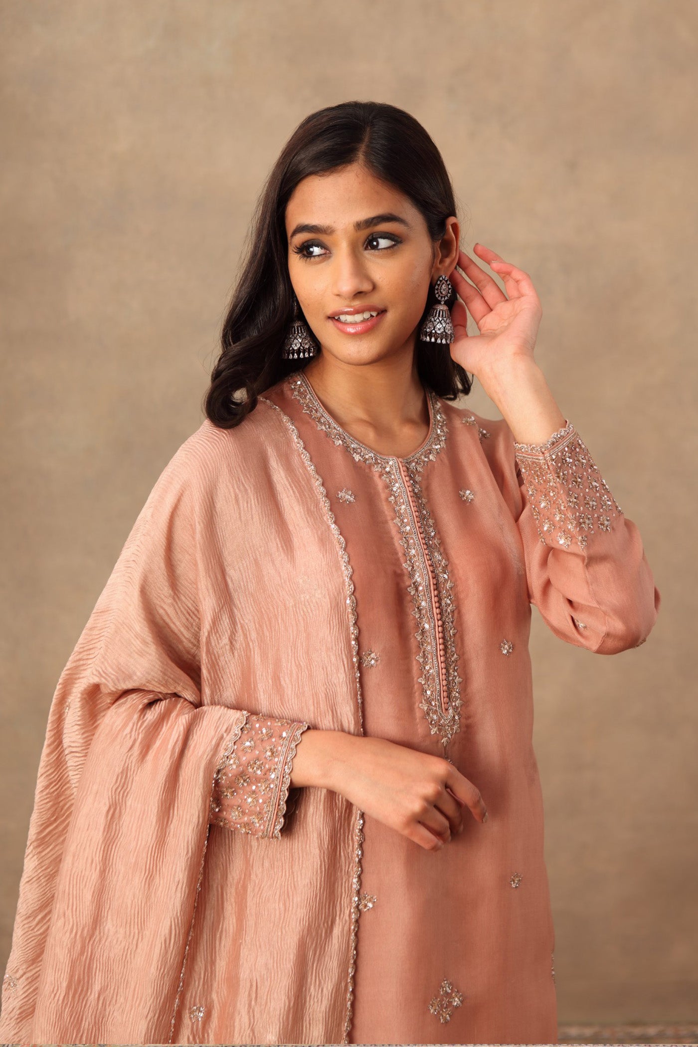 Hand Embroidered Rose Brown Pure Silk Organza Kurta Sharara Set