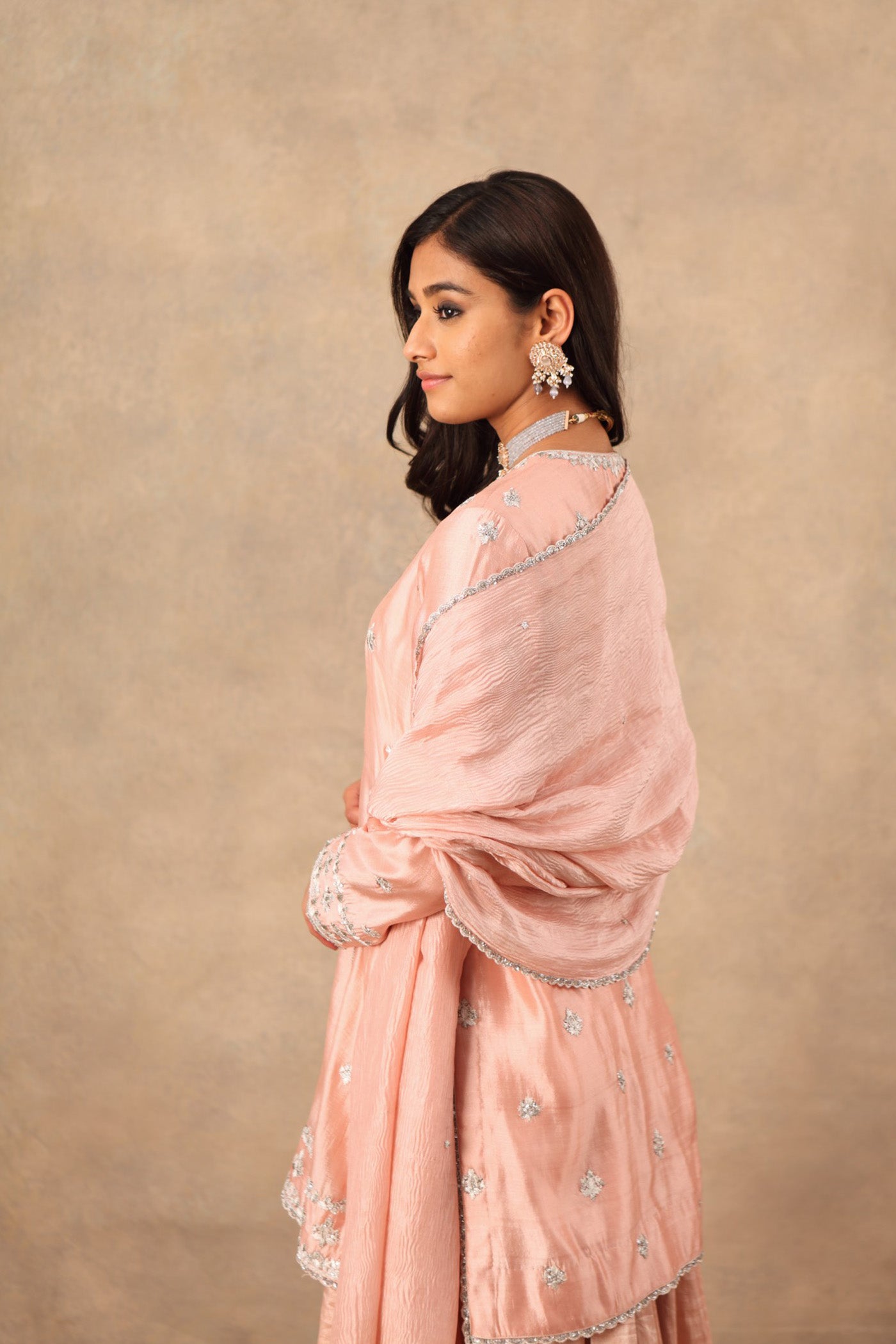 Hand Embroidered Baby Pink Pure Pattu Silk Short Kurta Sharara Set