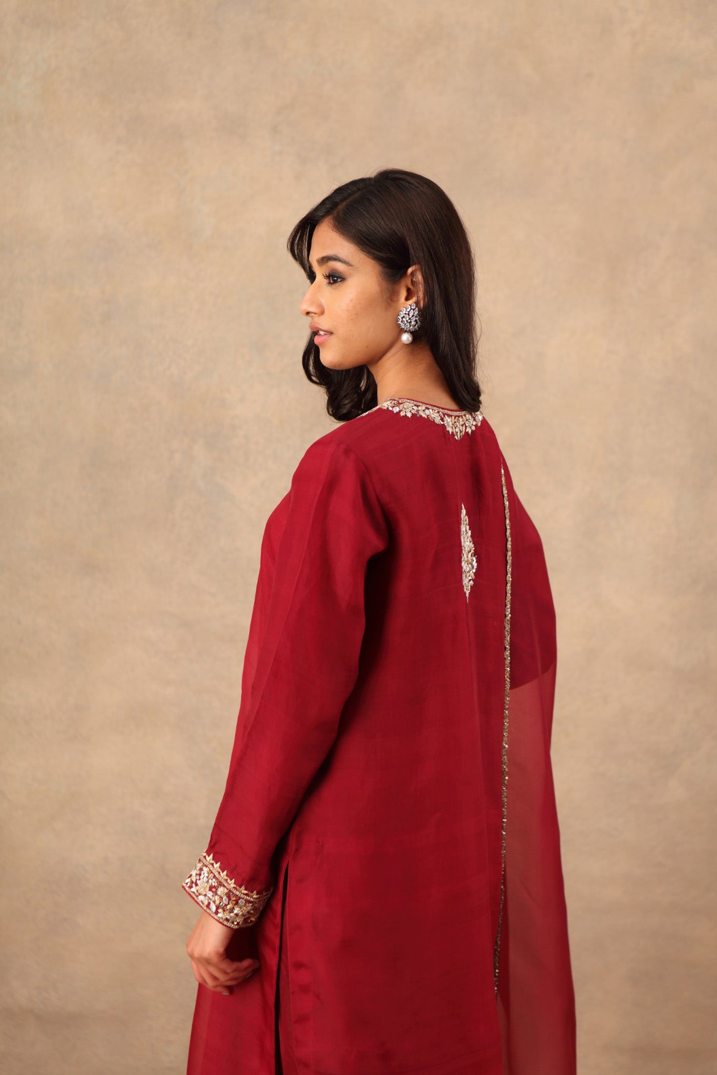 Hand Embroidered Wine Coloured Pure Katan Silk Kurta Churidaar Set