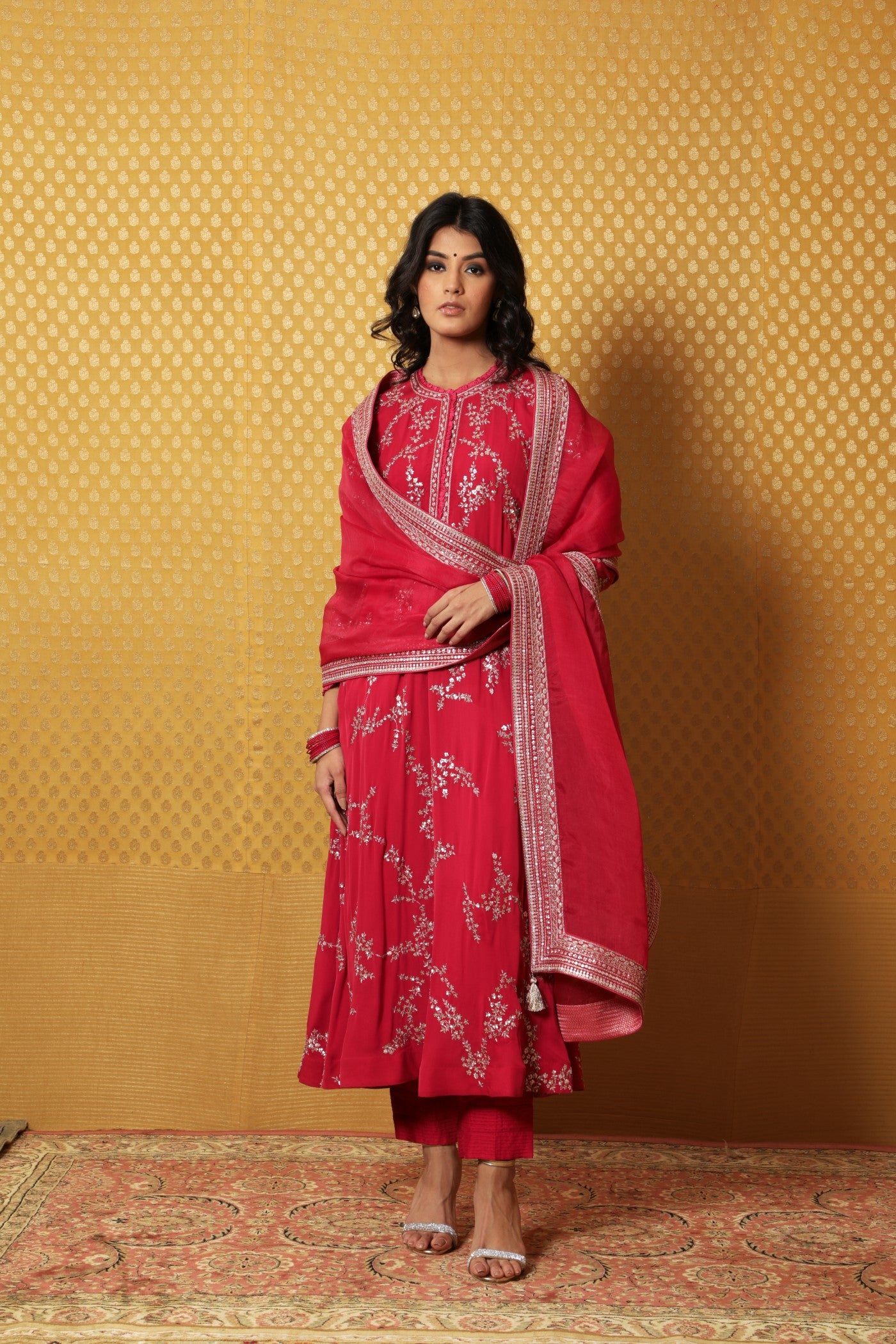 Hand-Embroidered Fuchsia-Pink Pure Crepe-Silk Kurta-Pants Set