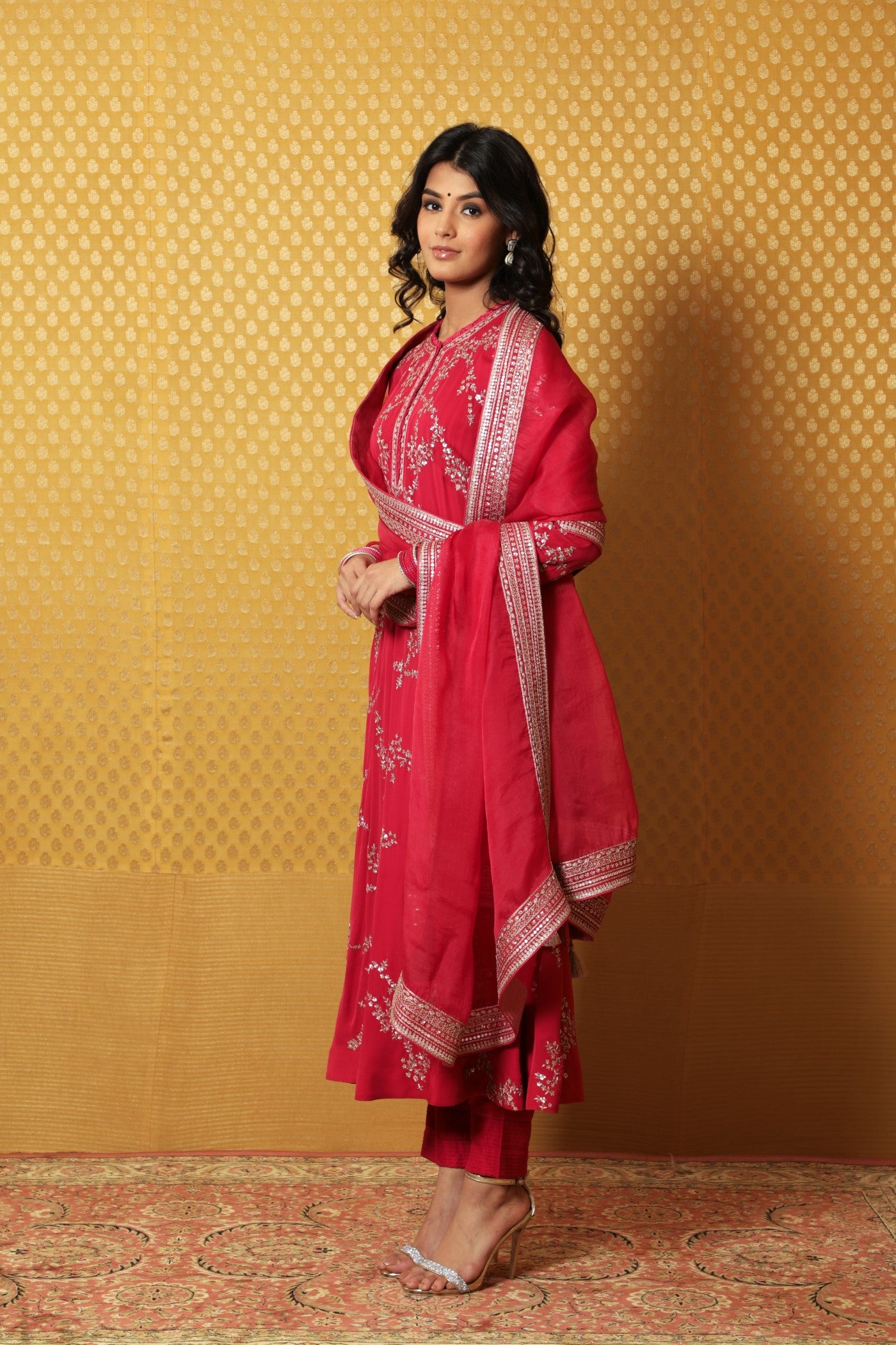 Hand-Embroidered Fuchsia-Pink Pure Crepe-Silk Kurta-Pants Set