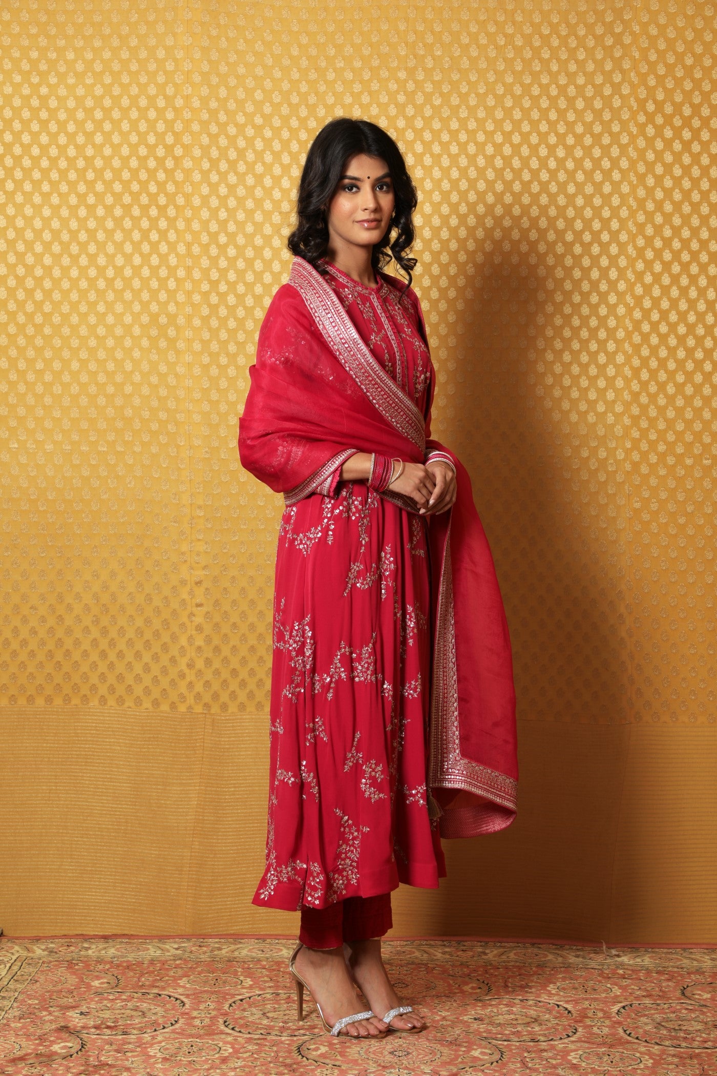 Hand-Embroidered Fuchsia-Pink Pure Crepe-Silk Kurta-Pants Set