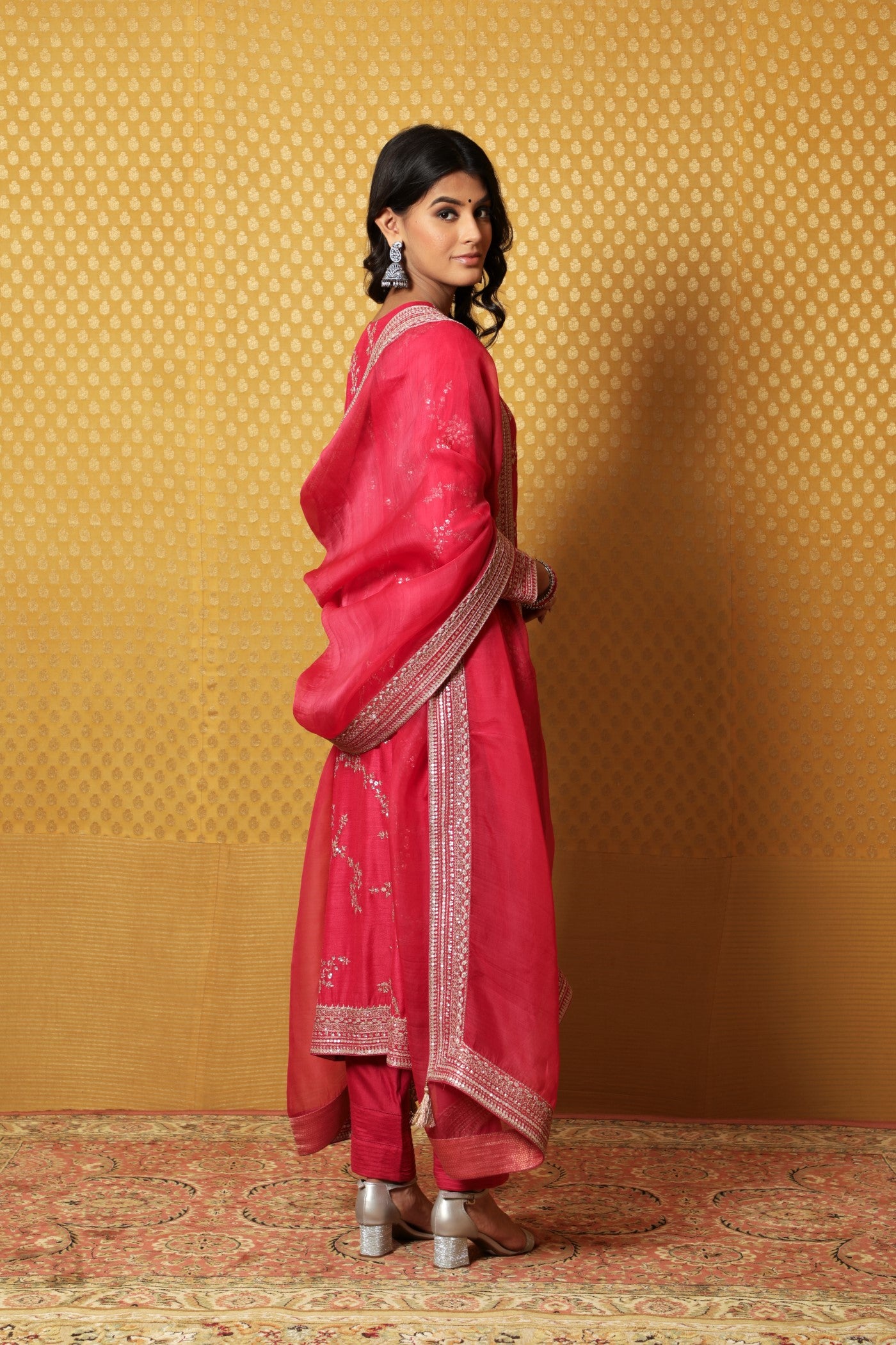 Hand-Embroidered Fuchsia-Pink Pure Crepe-Silk Kurta-Pants Set