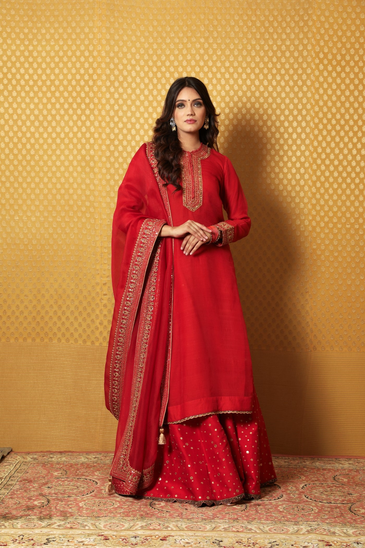 Hand-Embroidered Red Pure Katan-Silk Kurta Paired With Pure Matka-Silk Lehenga And Pure Katan-Silk Dupatta