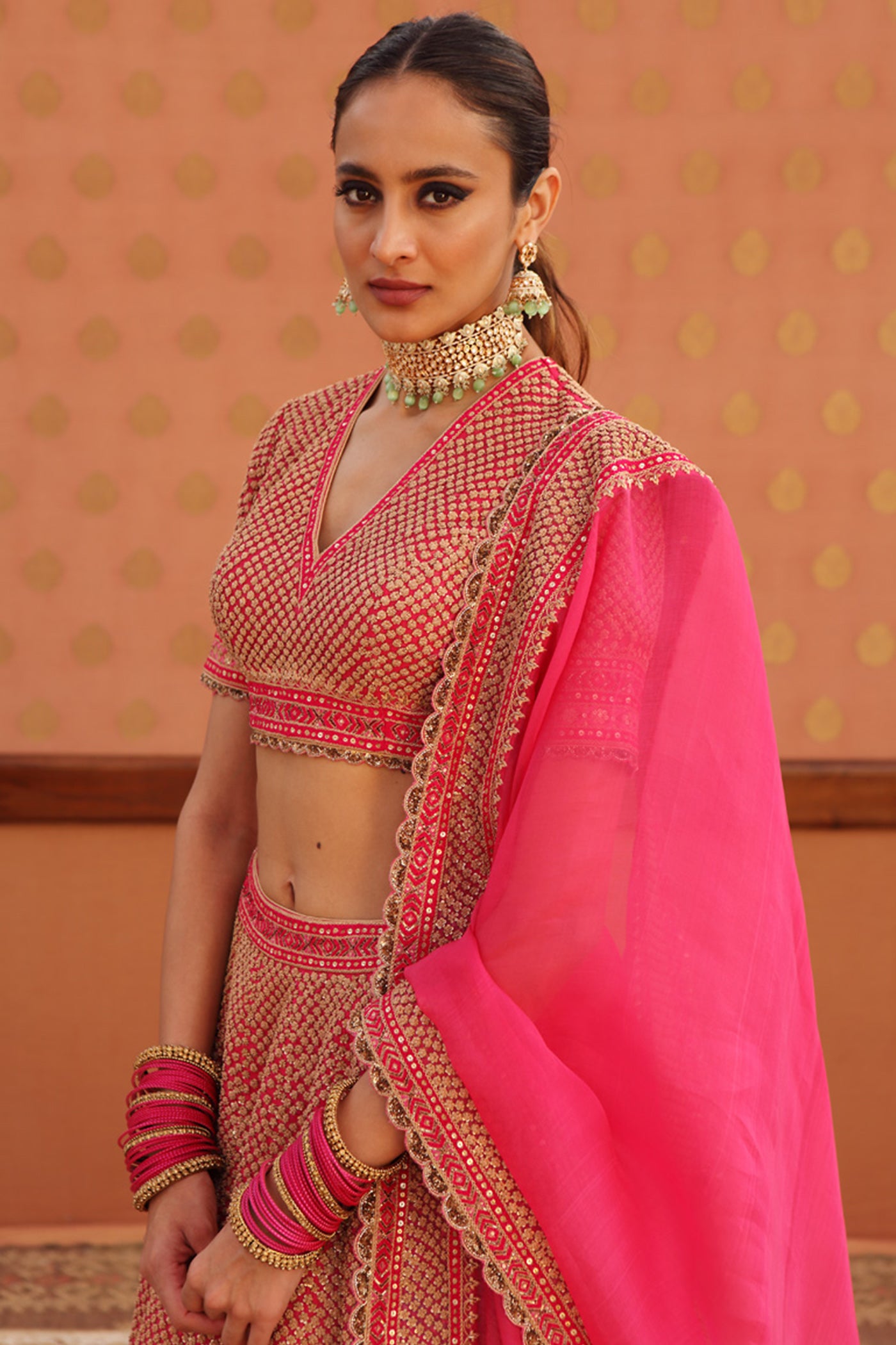 Hand-Embroidered Carmine-Pink Pure Silk-Organza Lehenga-Set