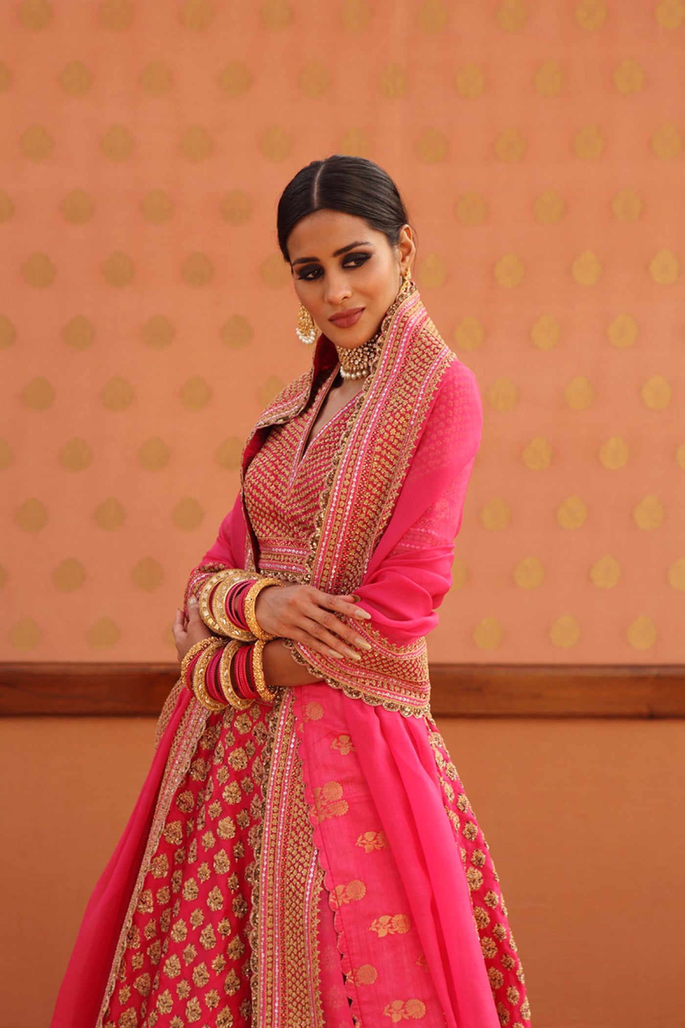 Hand-Embroidered Carmine-Pink Pure Silk-Organza Lehenga-Set