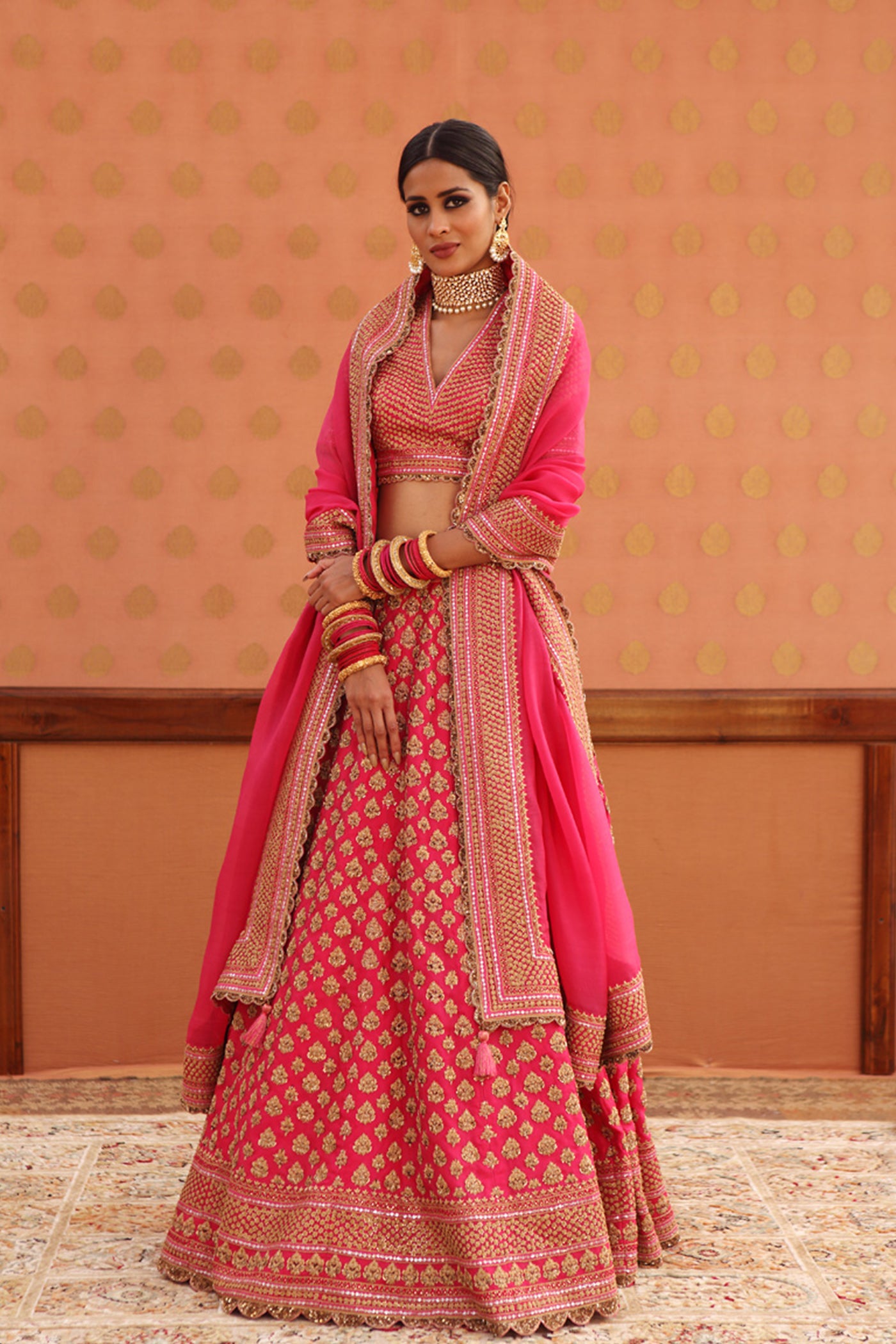 Hand-Embroidered Carmine-Pink Pure Silk-Organza Lehenga-Set