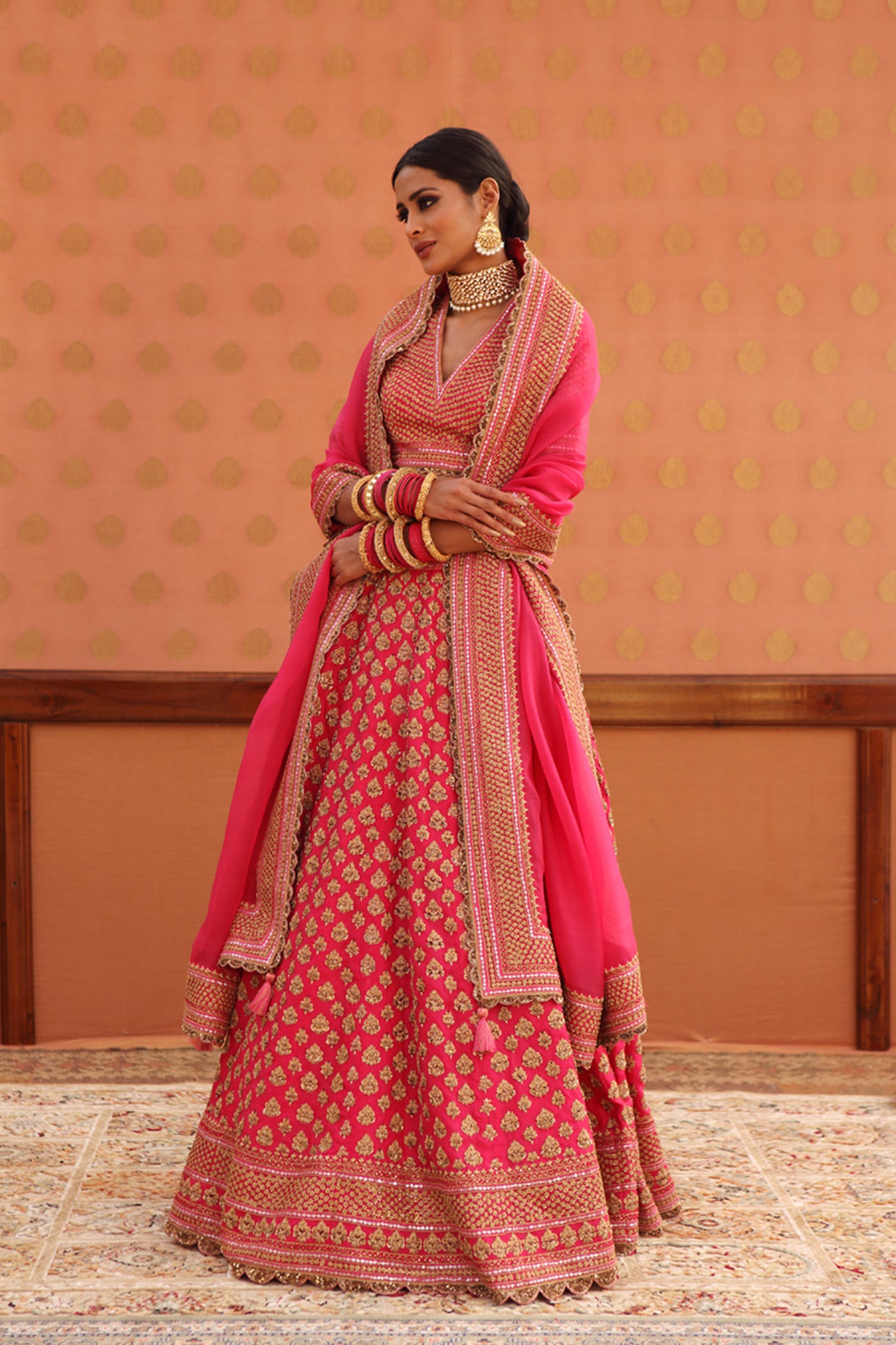 Hand-Embroidered Carmine-Pink Pure Silk-Organza Lehenga-Set