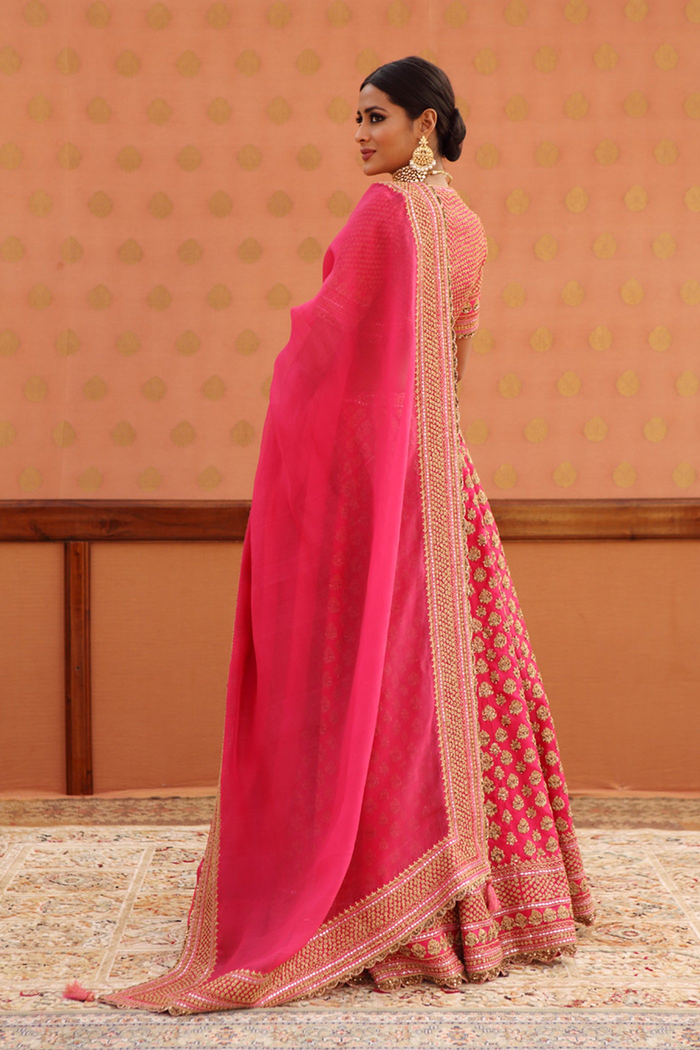 Hand-Embroidered Carmine-Pink Pure Silk-Organza Lehenga-Set