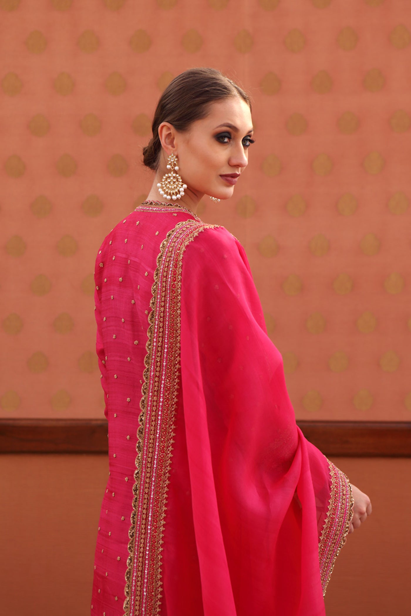 Hand-Embroidered Fuschia-Rose Pink Pure Tussar-Georgette Kurta-Churidaar Set