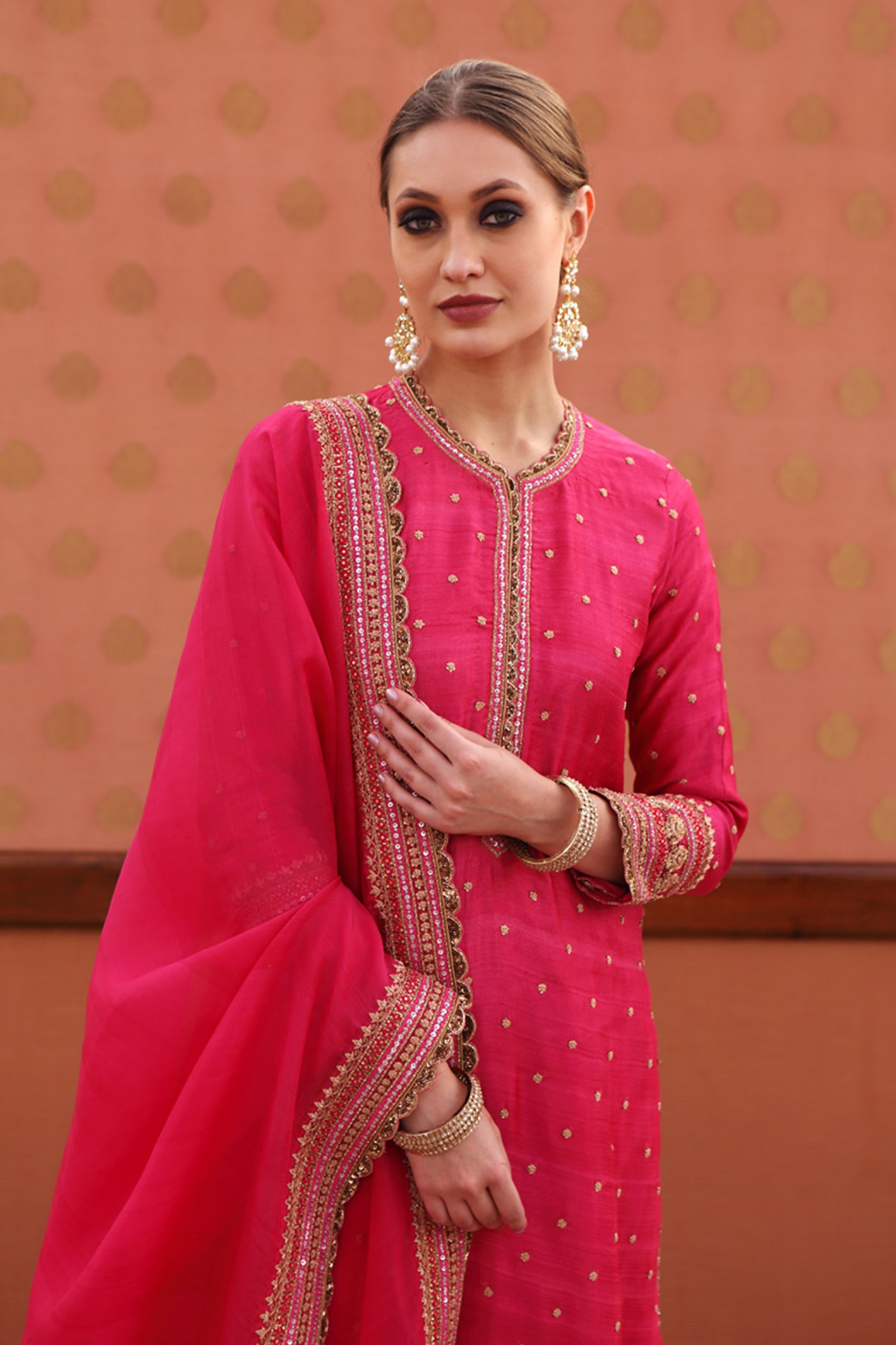 Hand-Embroidered Fuschia-Rose Pink Pure Tussar-Georgette Kurta-Churidaar Set