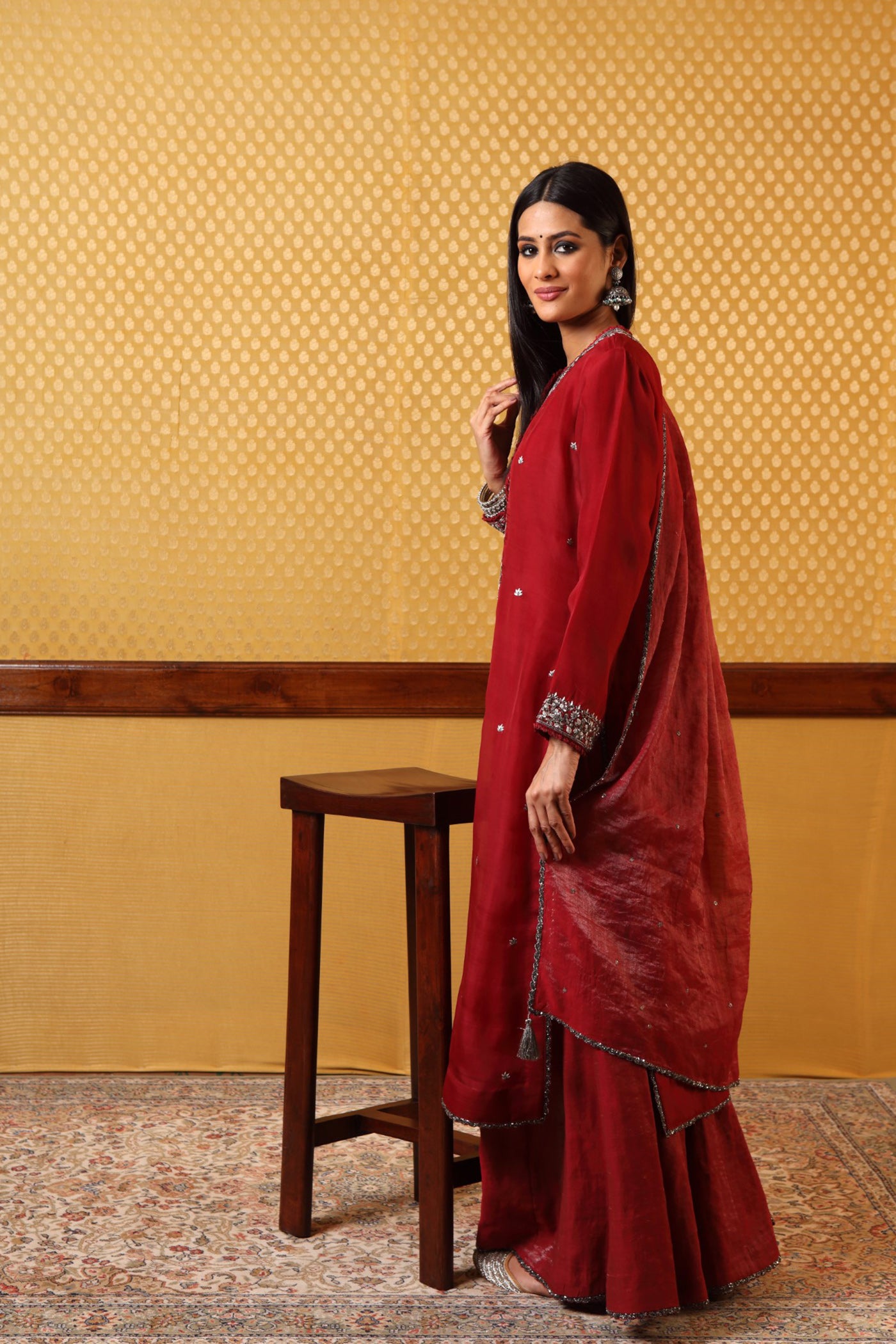 Handembroidered Maroon Pure Katansilk Kurta Sharara Set