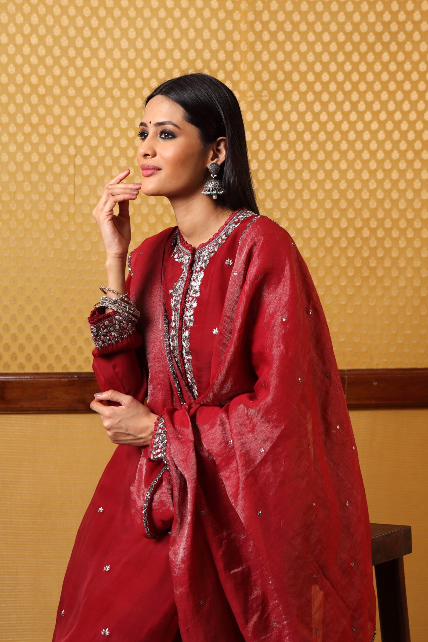 Handembroidered Maroon Pure Katansilk Kurta Sharara Set