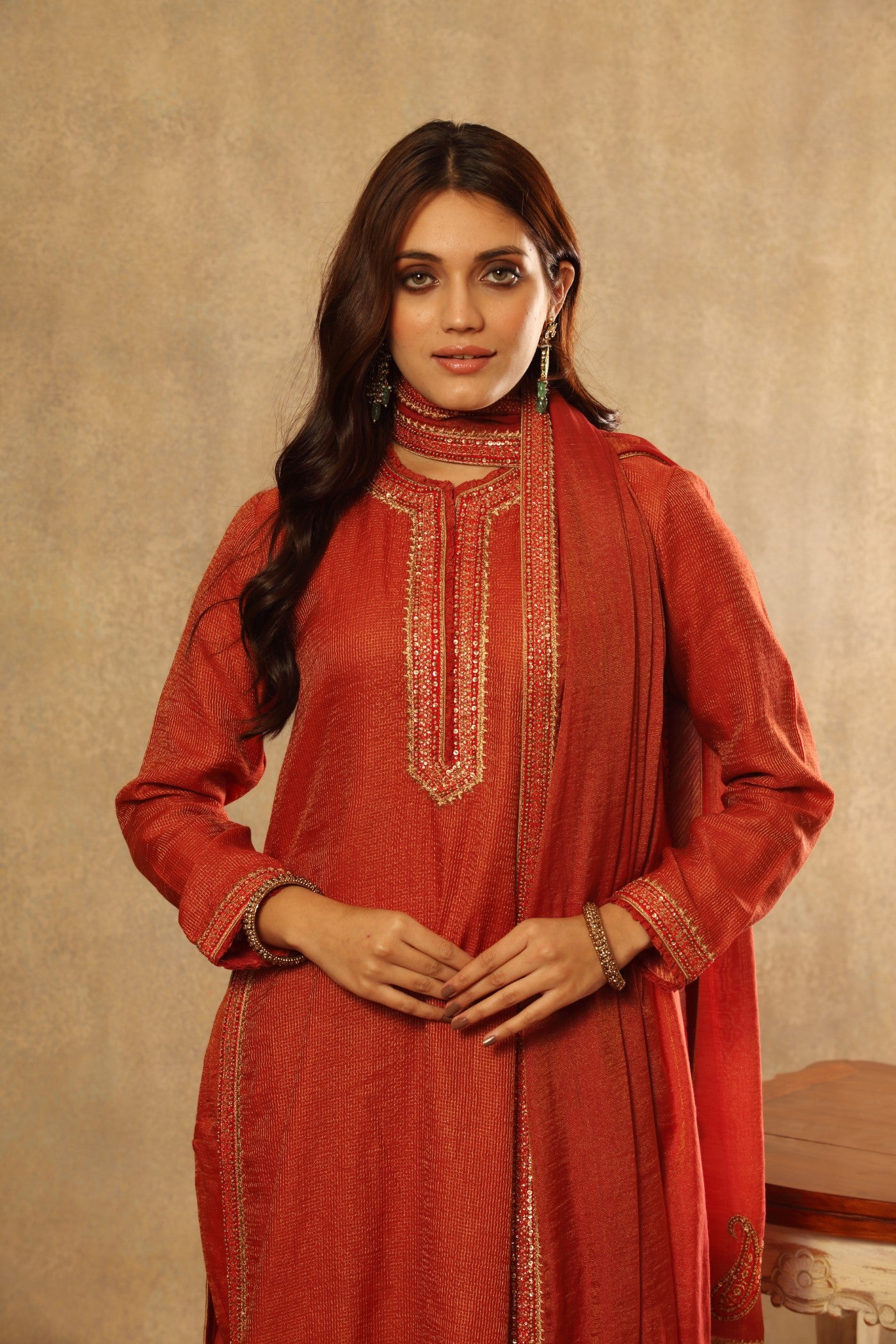 Hand Embroidered Clay Red Pure Silk Cotton Kurta Pants Set