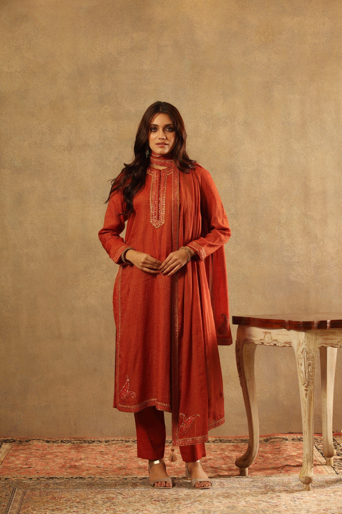 Hand Embroidered Clay Red Pure Silk Cotton Kurta Pants Set