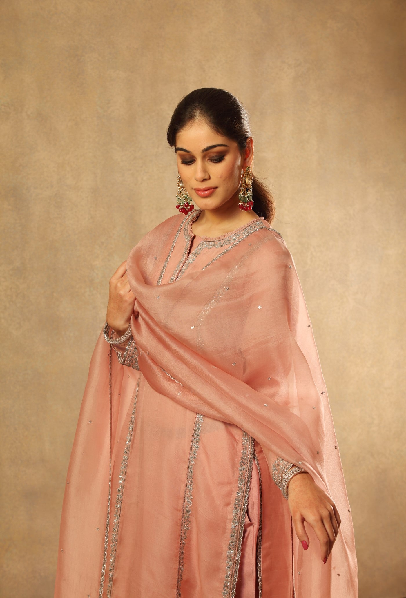 Hand Embroidered Dusty Pink Pure Katan Silk Kurta Pants Set