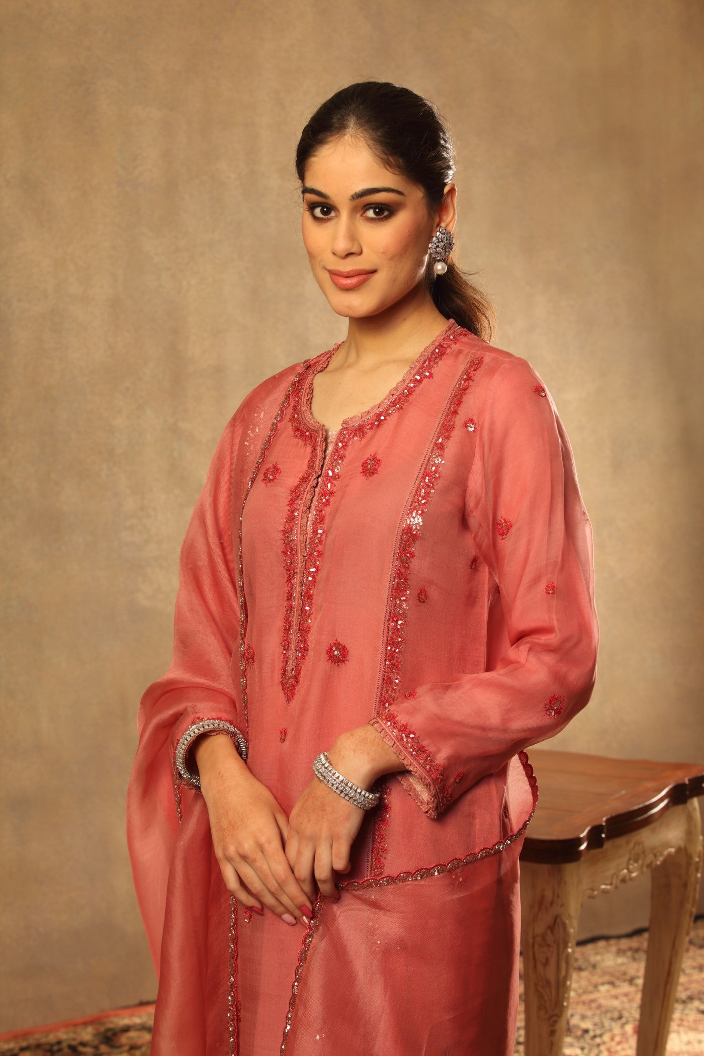 Hand Embroidered Dusty Blush Pink Pure Katan Silk Kurta Salwar Set