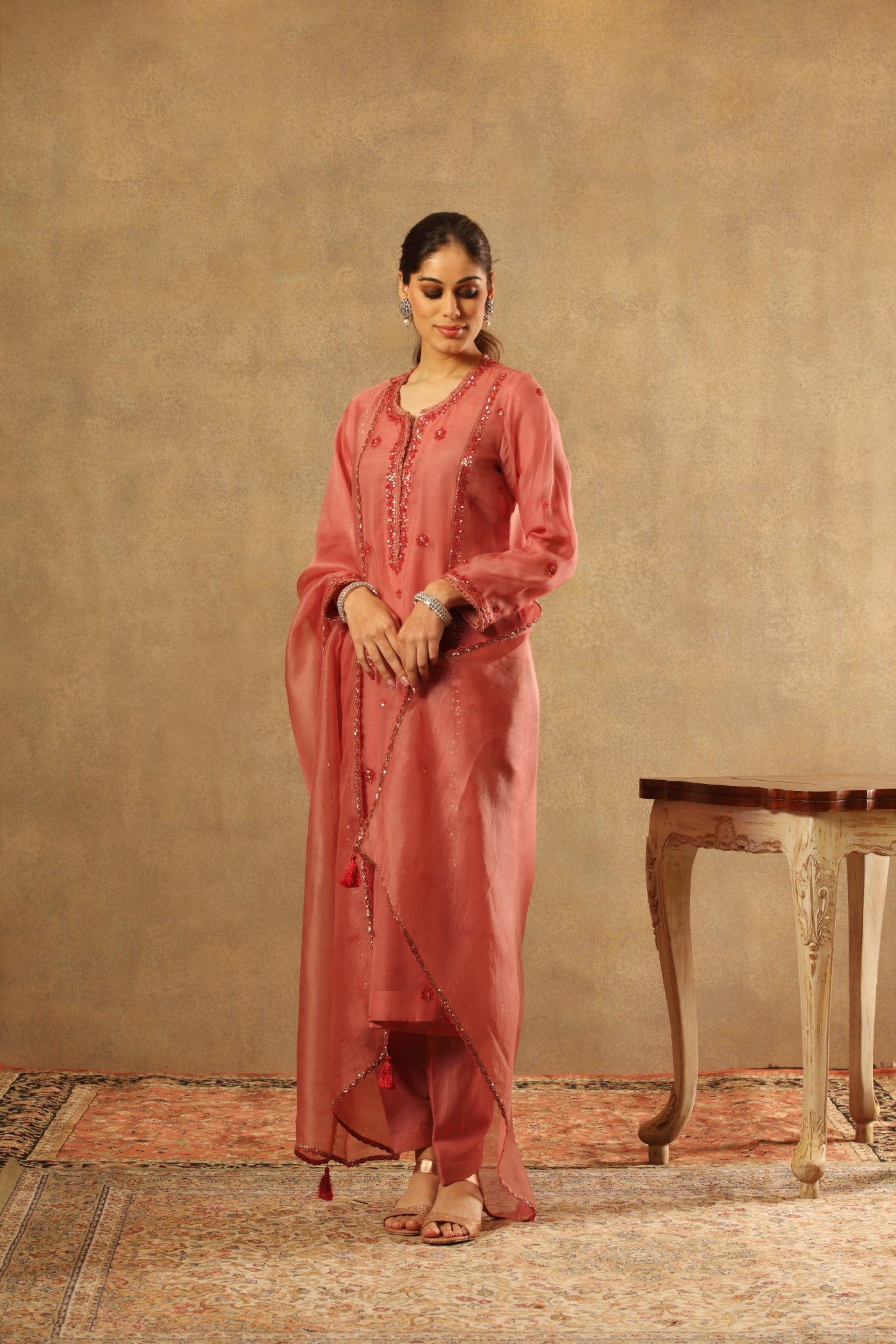 Hand Embroidered Dusty Blush Pink Pure Katan Silk Kurta Salwar Set