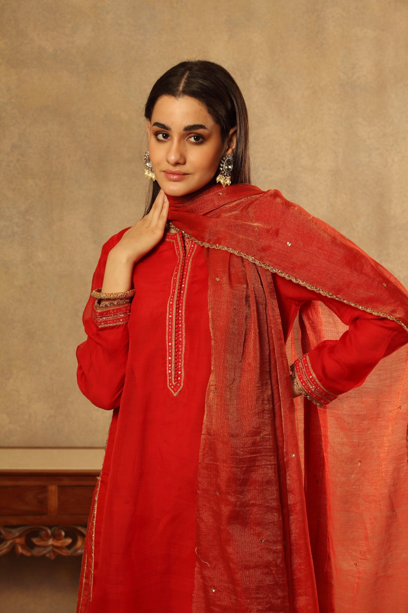 Hand Embroidered Bridal Red Pure Katan Silk Kurta Sharara Set