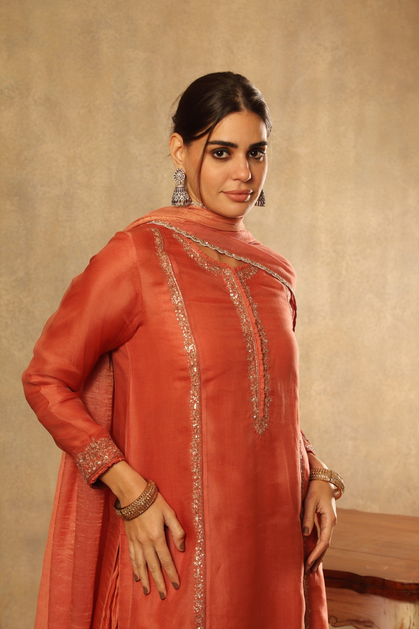 Hand Embroidered Burnt Peach Pure Silk Organza Long Kurta Sharara Set