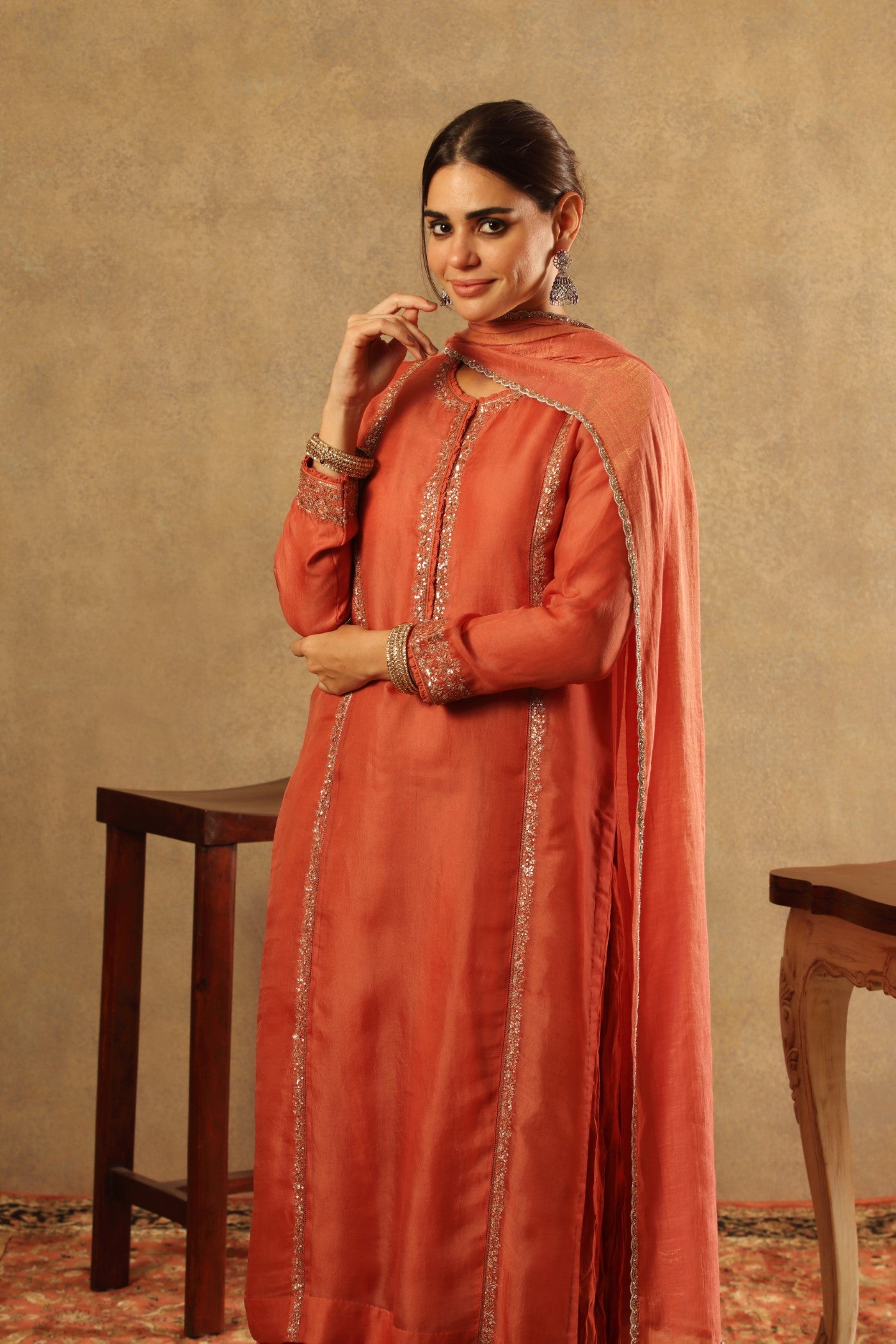 Hand Embroidered Burnt Peach Pure Silk Organza Long Kurta Sharara Set