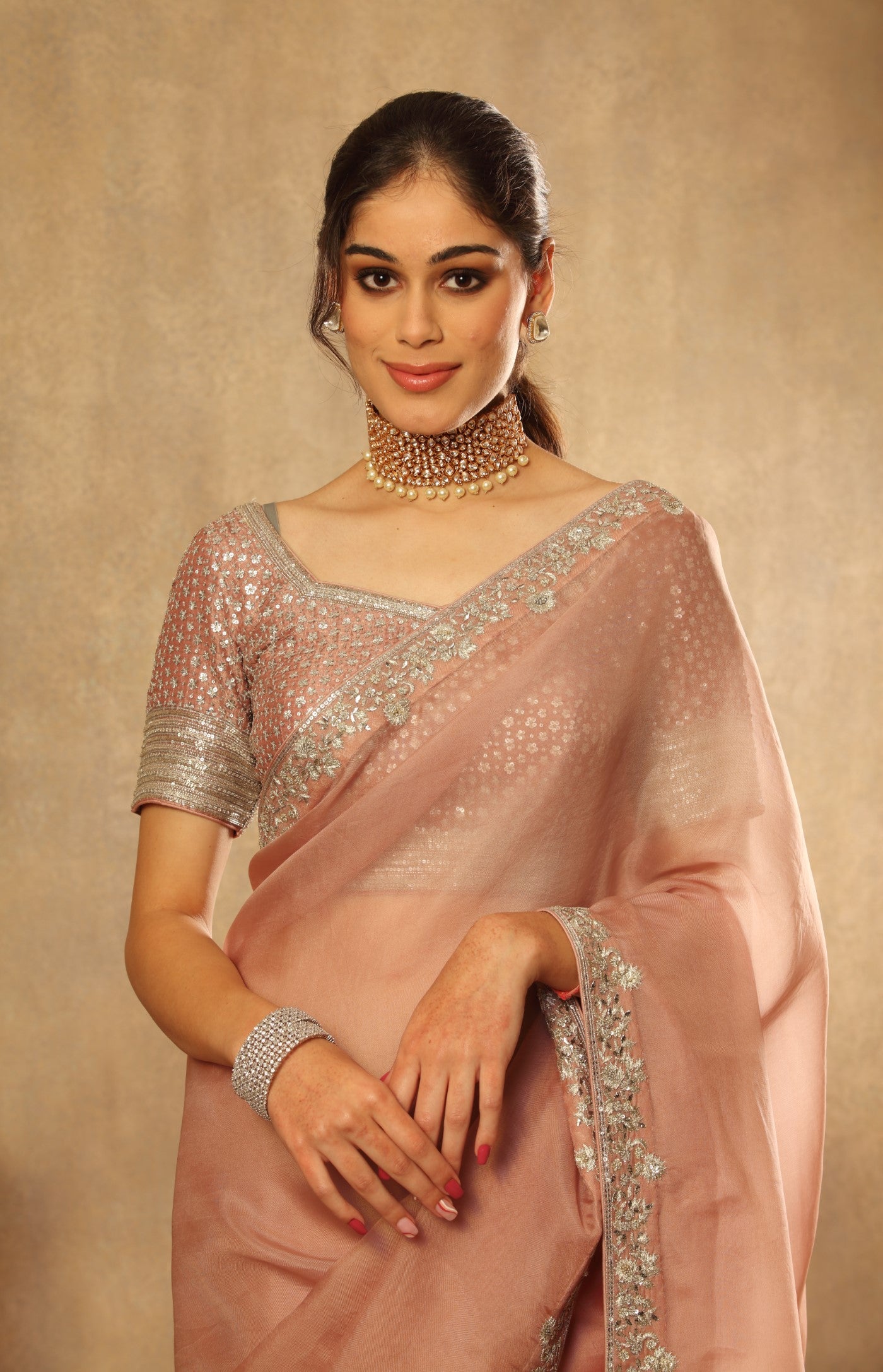 Hand Embroidered Dusty Pastel Pink Pure Silk Organza Saree Blouse Set