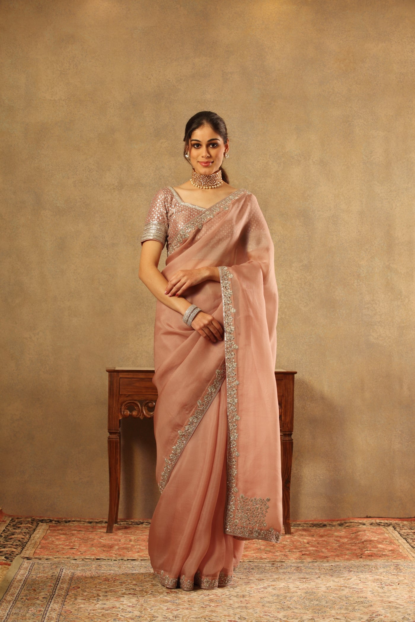 Hand Embroidered Dusty Pastel Pink Pure Silk Organza Saree Blouse Set
