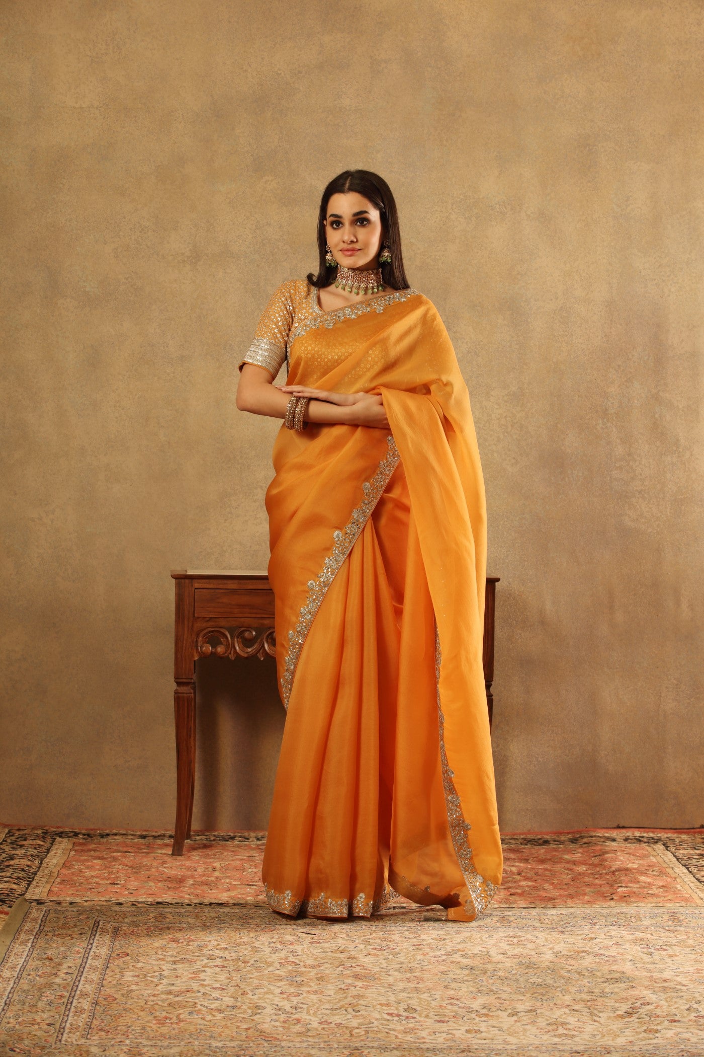 Hand Embroidered Apricot Yellow Pure Silk Organza Saree Blouse Set