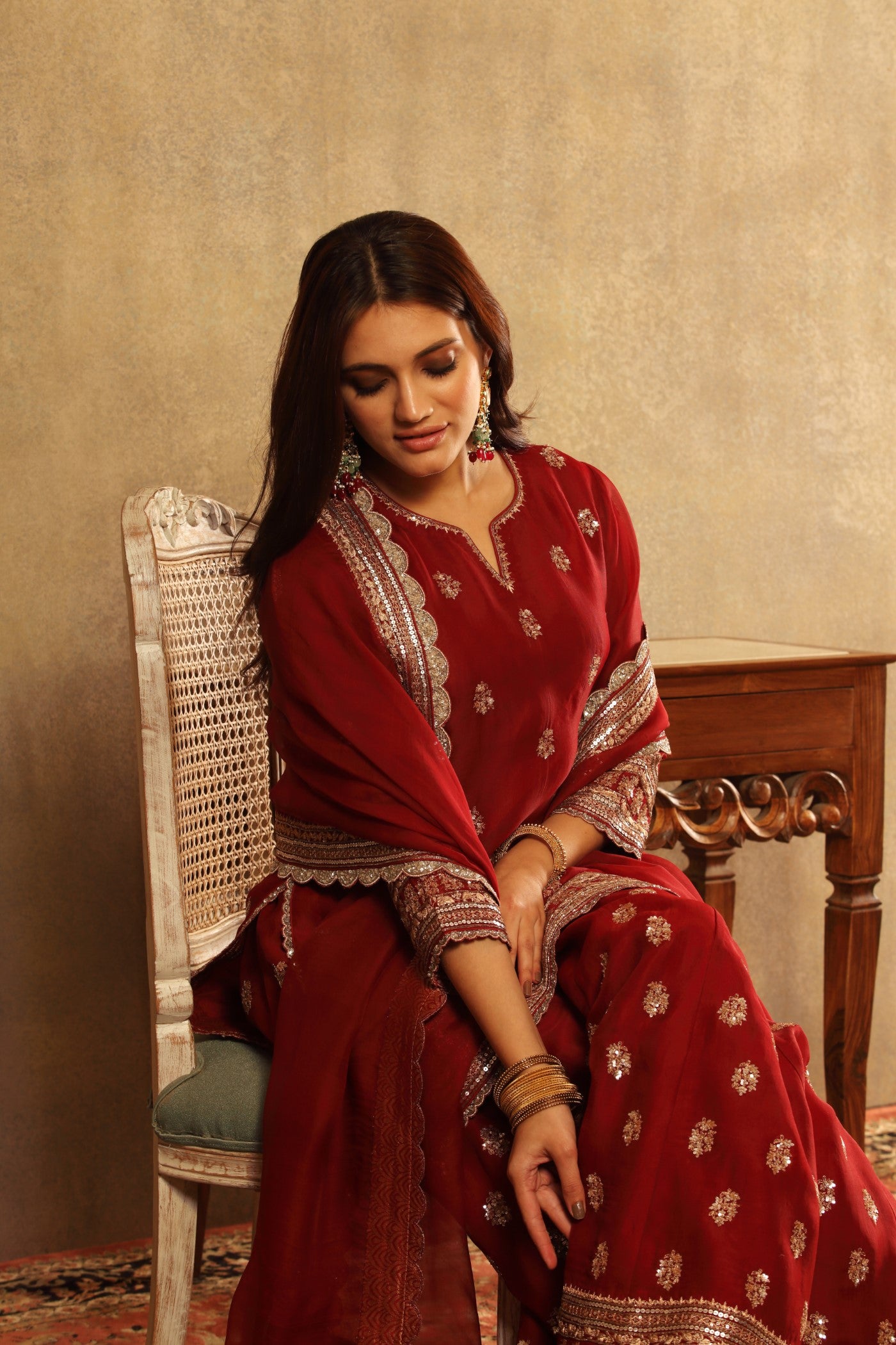 Hand Embroidered Ruby Wine Pure Silk Organza Short Kurta Sharara Set