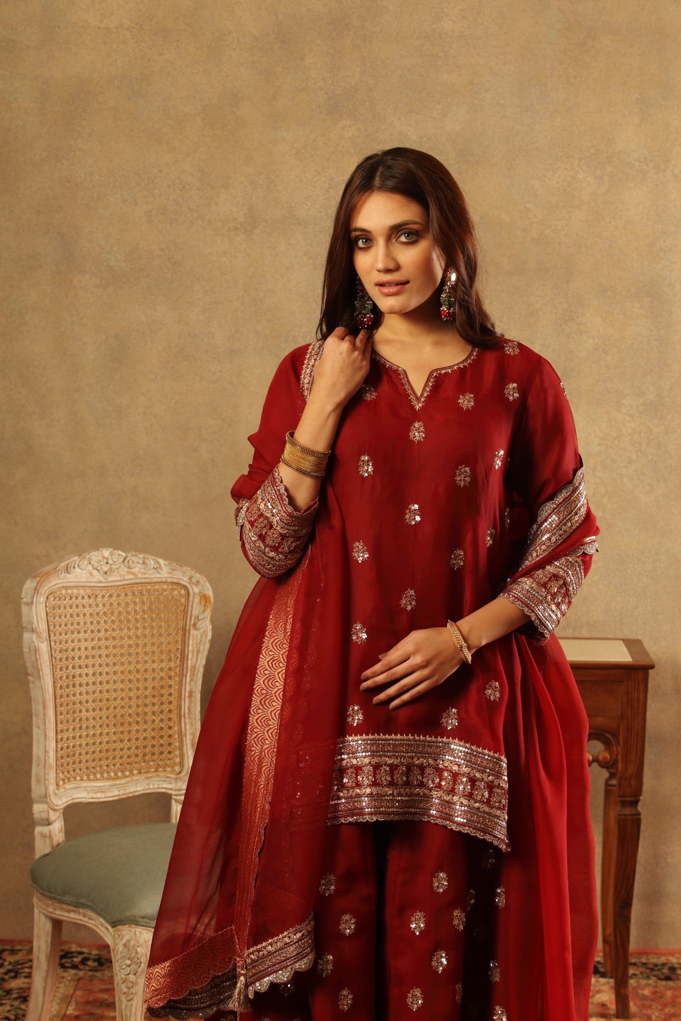 Hand Embroidered Ruby Wine Pure Silk Organza Short Kurta Sharara Set