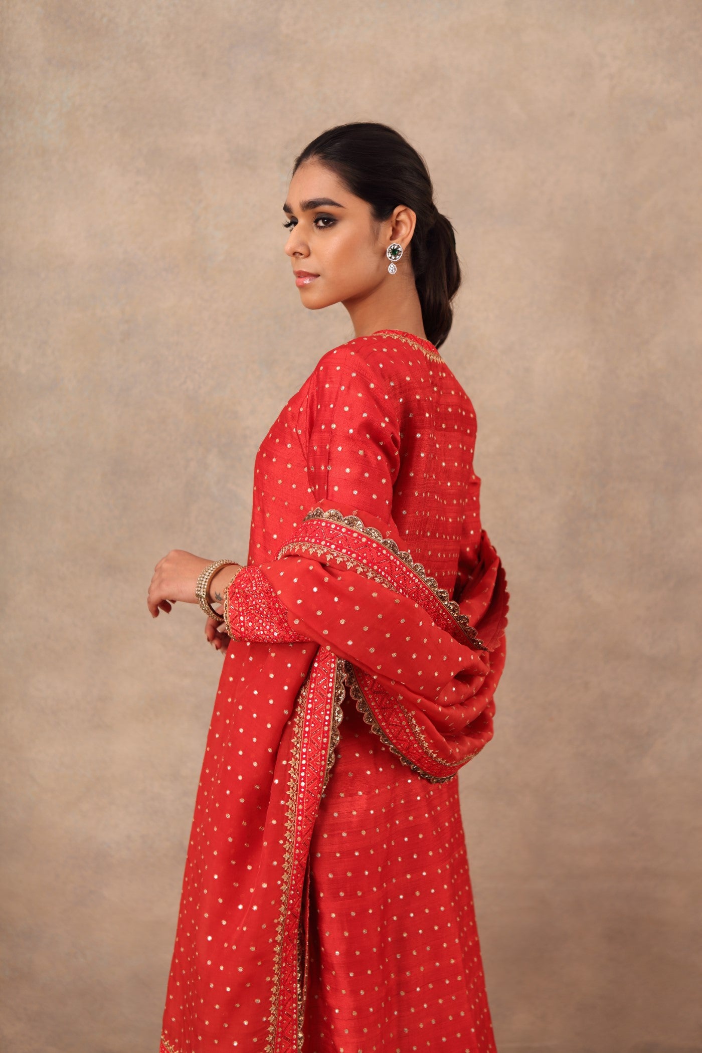 Hand Embroidered Red Molten Lava Pure Tussar Georgette Kurta Churidaar Set