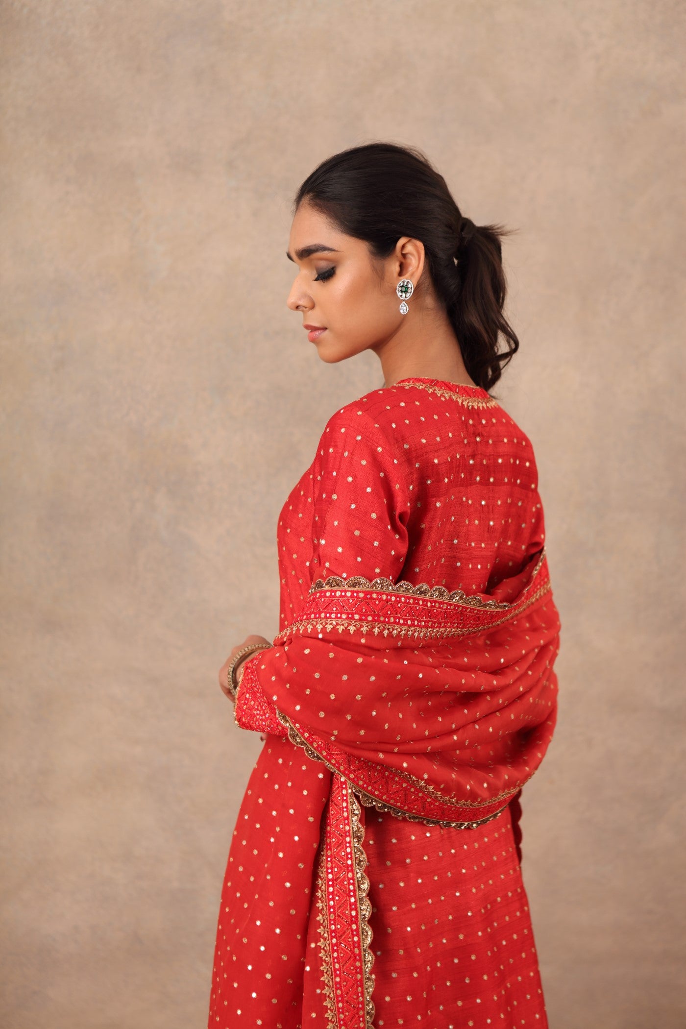 Hand Embroidered Red Molten Lava Pure Tussar Georgette Kurta Churidaar Set