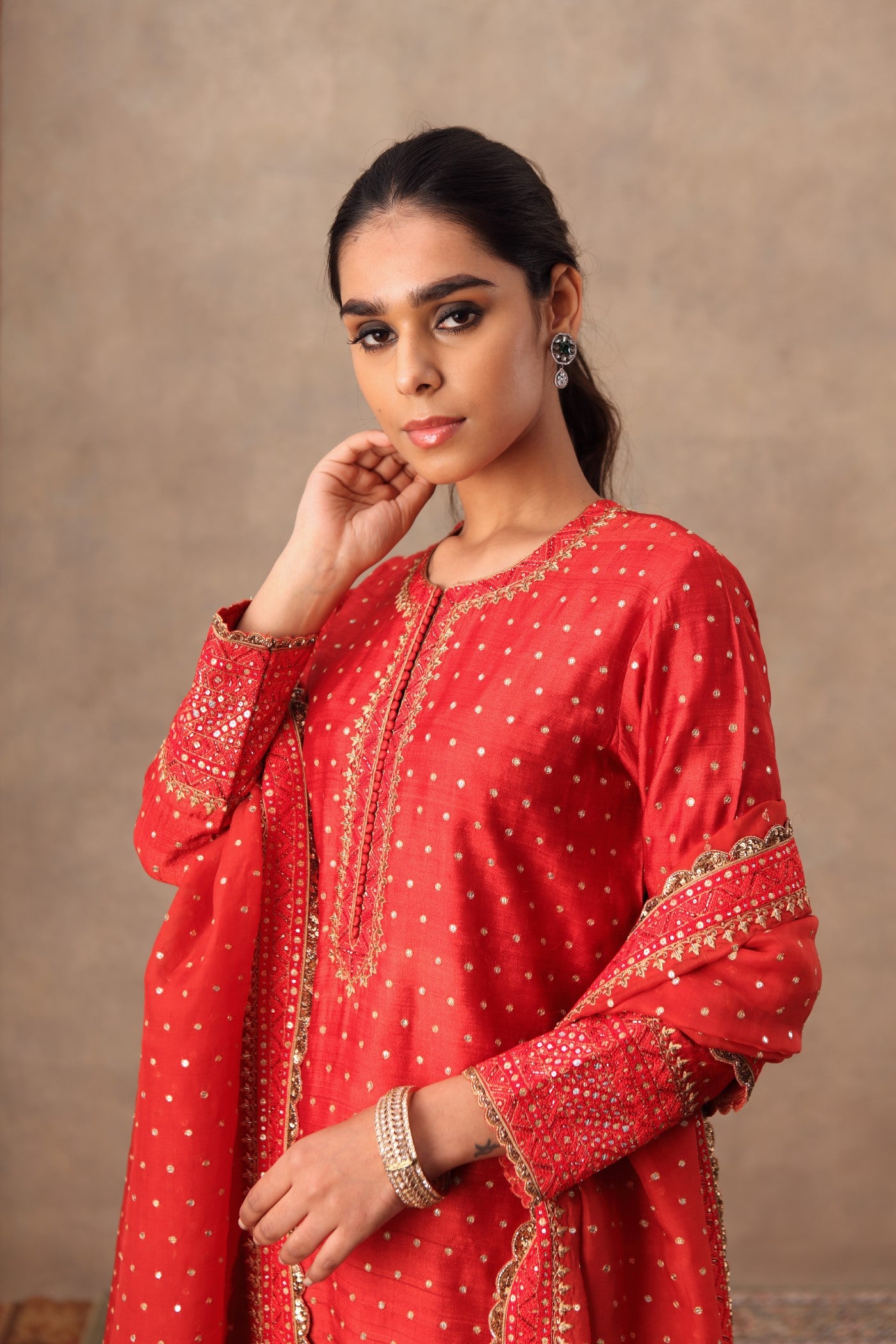 Hand Embroidered Red Molten Lava Pure Tussar Georgette Kurta Churidaar Set