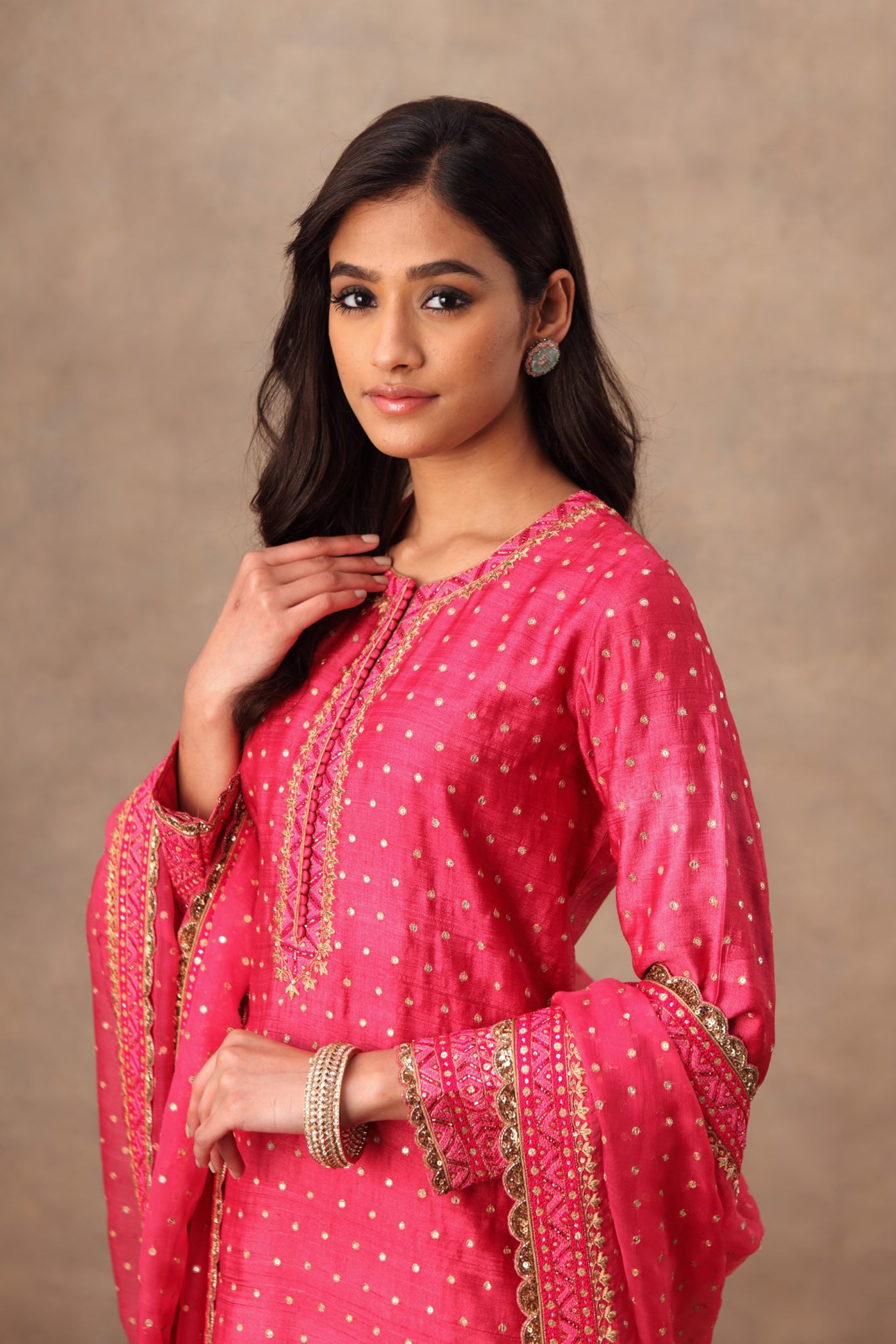 Hand Embroidered Pink Flambe Pure Tussar Georgette Kurta Churidaar Set