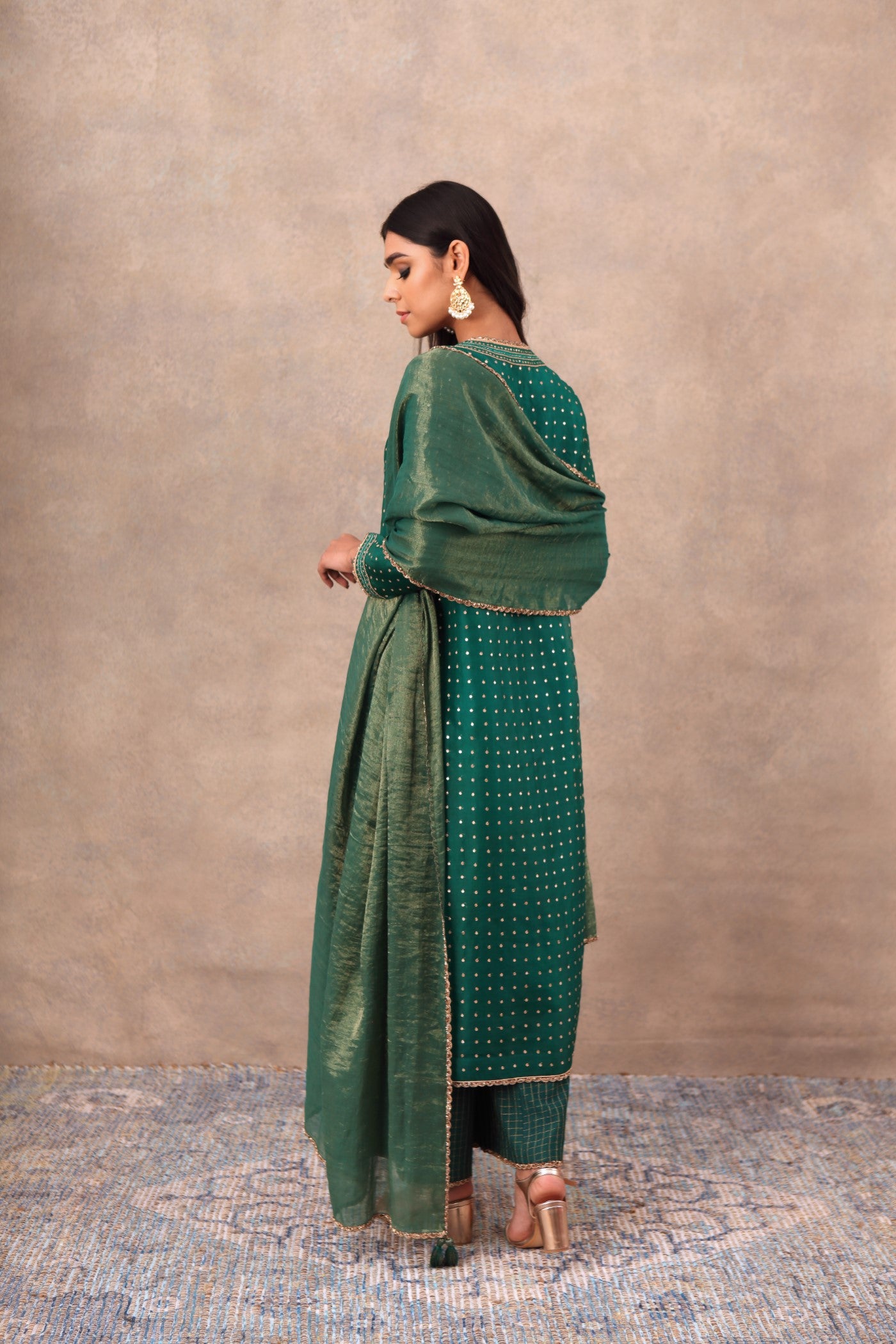 Hand Embroidered Dark Green Kurta Palazzo Set