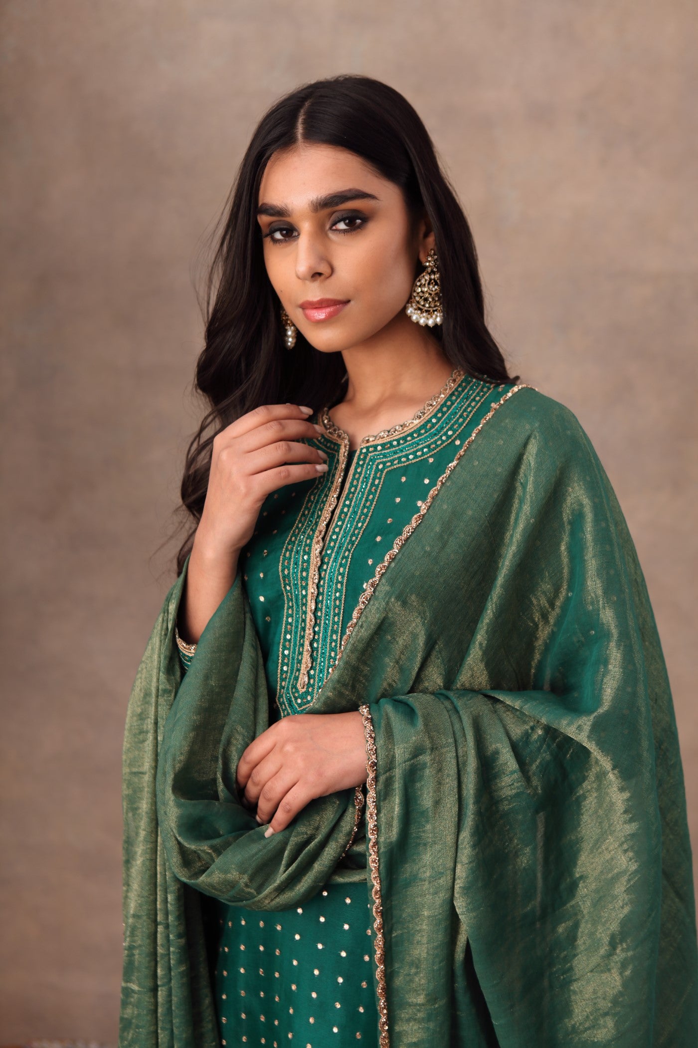 Hand Embroidered Dark Green Kurta Palazzo Set