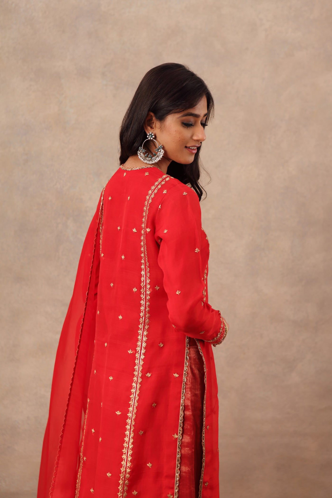 Hand Embroidered True Red Pure Katan Silk Kurta Palazzo Set