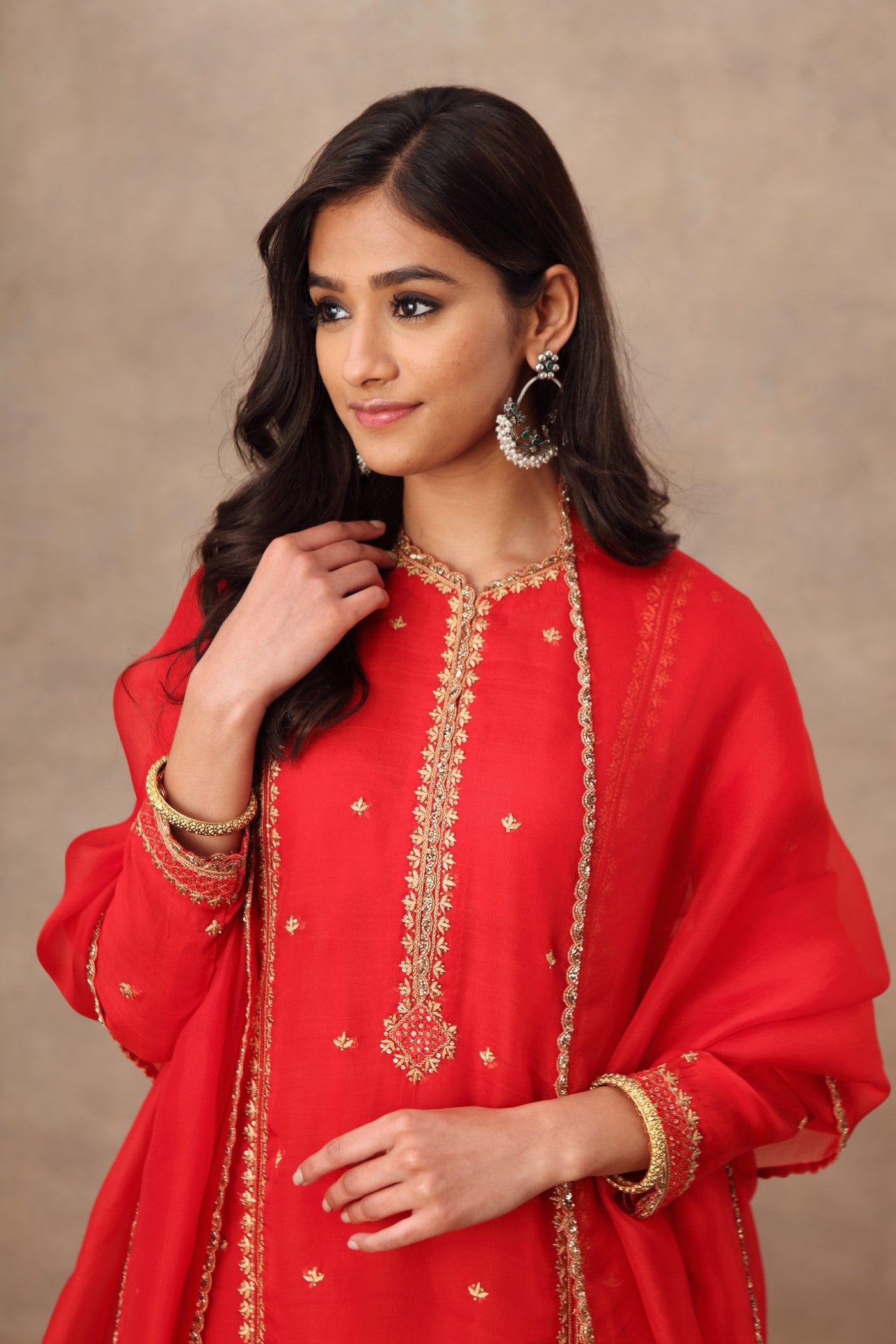 Hand Embroidered True Red Pure Katan Silk Kurta Palazzo Set