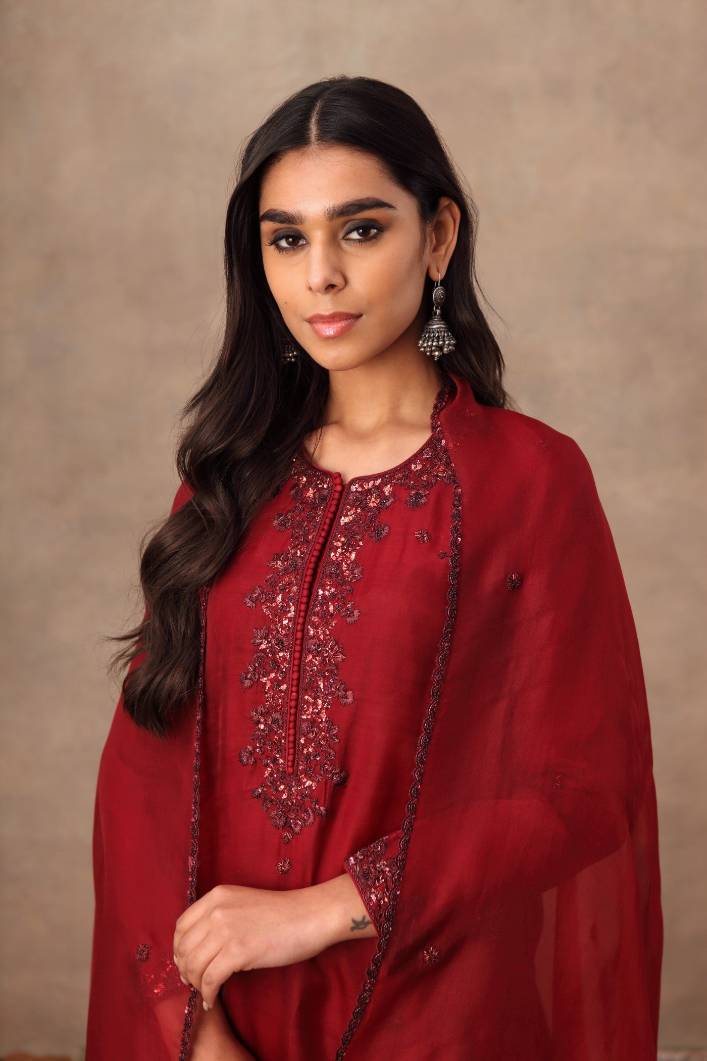 Hand Embroidered Wine Red Pure Katan Silk Kurta Pants Set