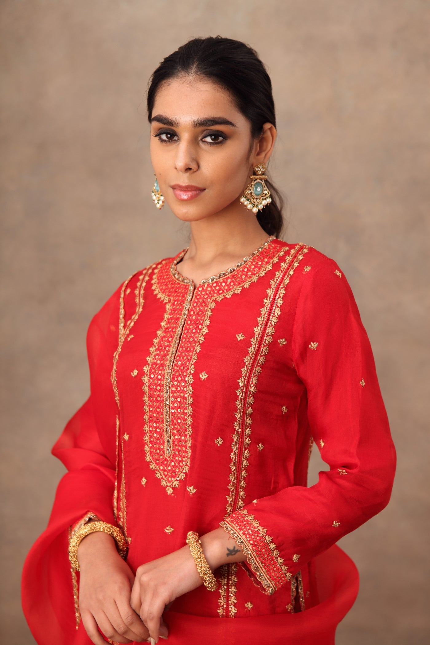 Hand Embroidered Deep Tomato Red Pure Katan Silk Kurta Palazzo Set