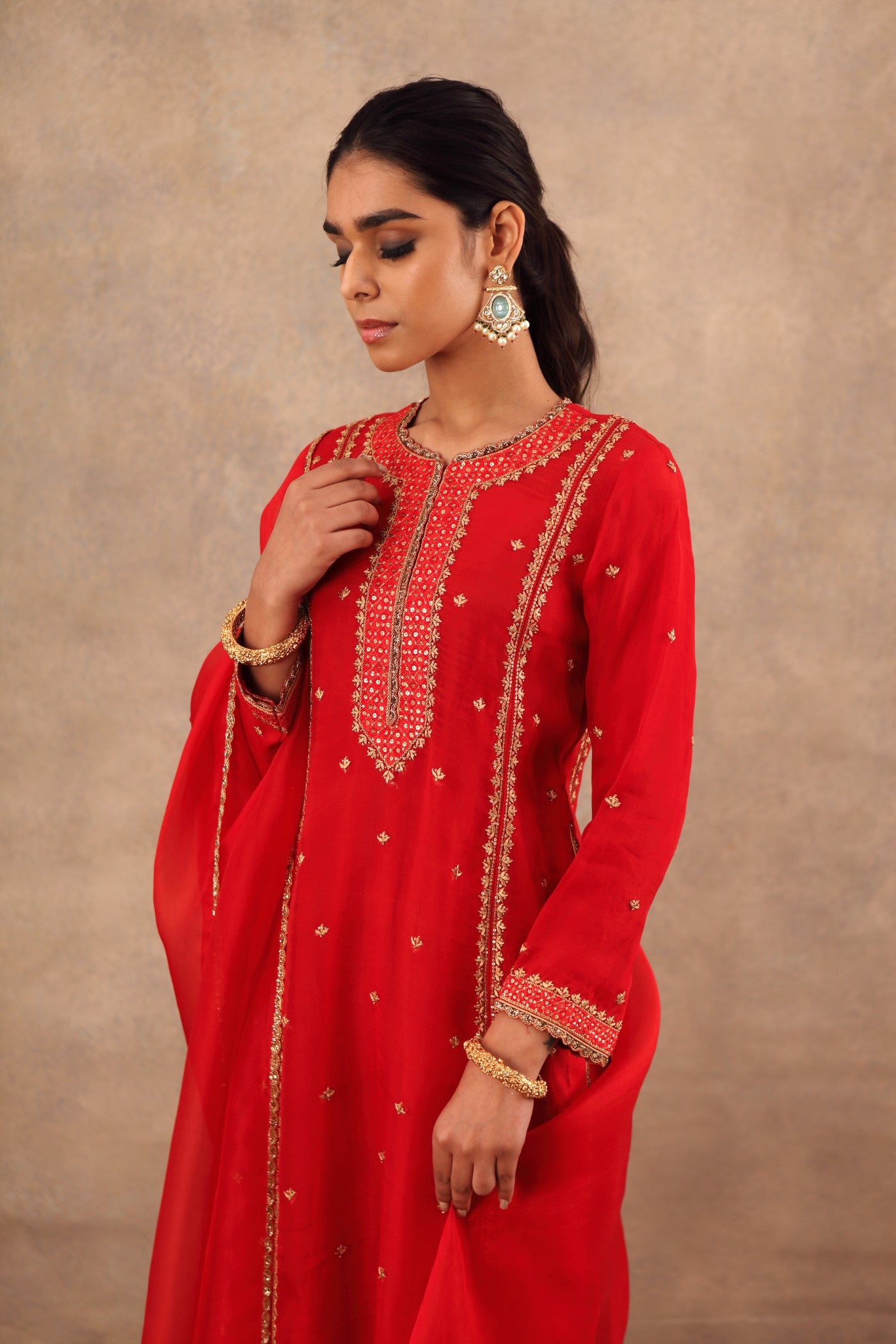 Hand Embroidered Deep Tomato Red Pure Katan Silk Kurta Palazzo Set