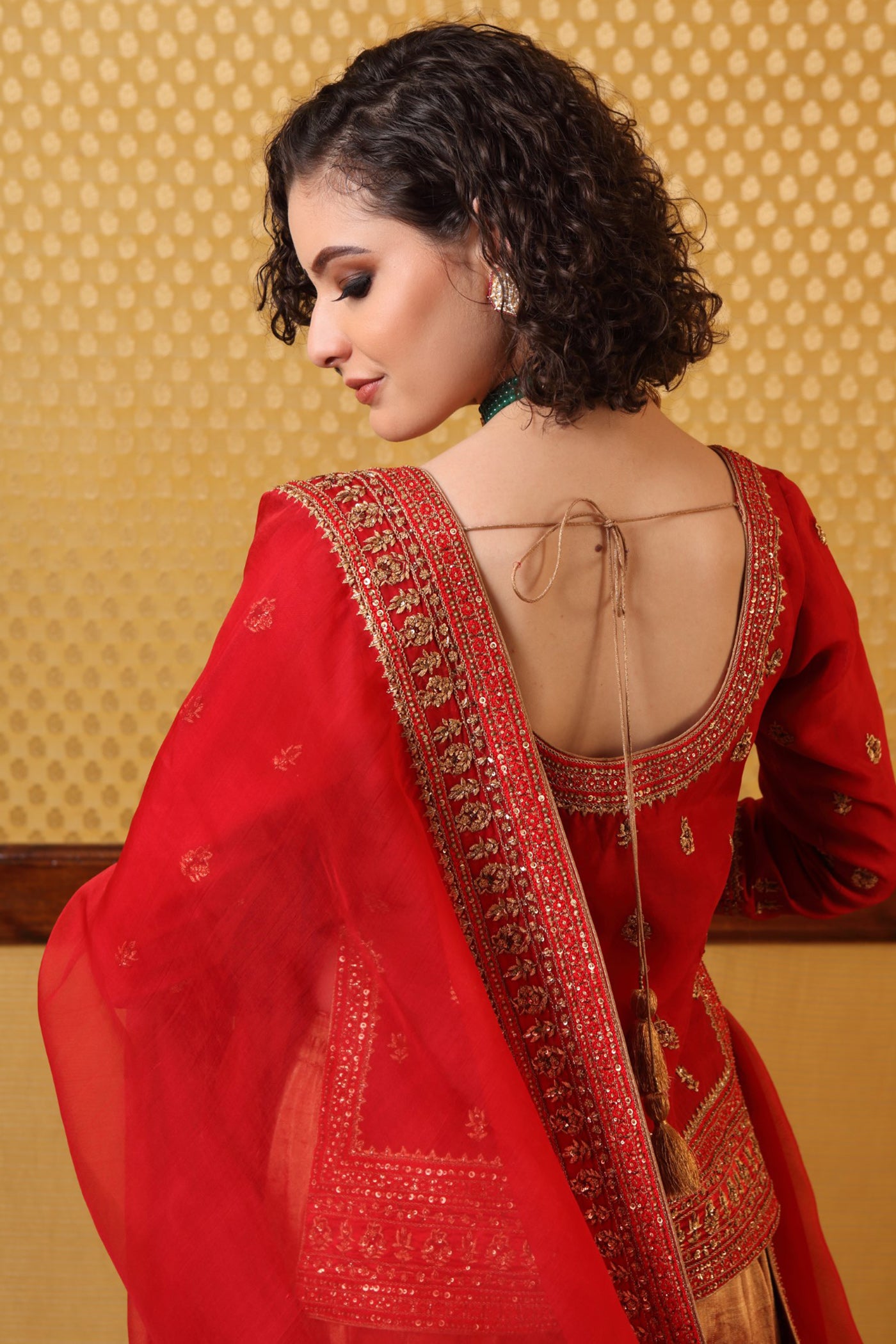 Handembroidered Bridal Red Short Kurta And Pure Metallic Silk Sharara Set