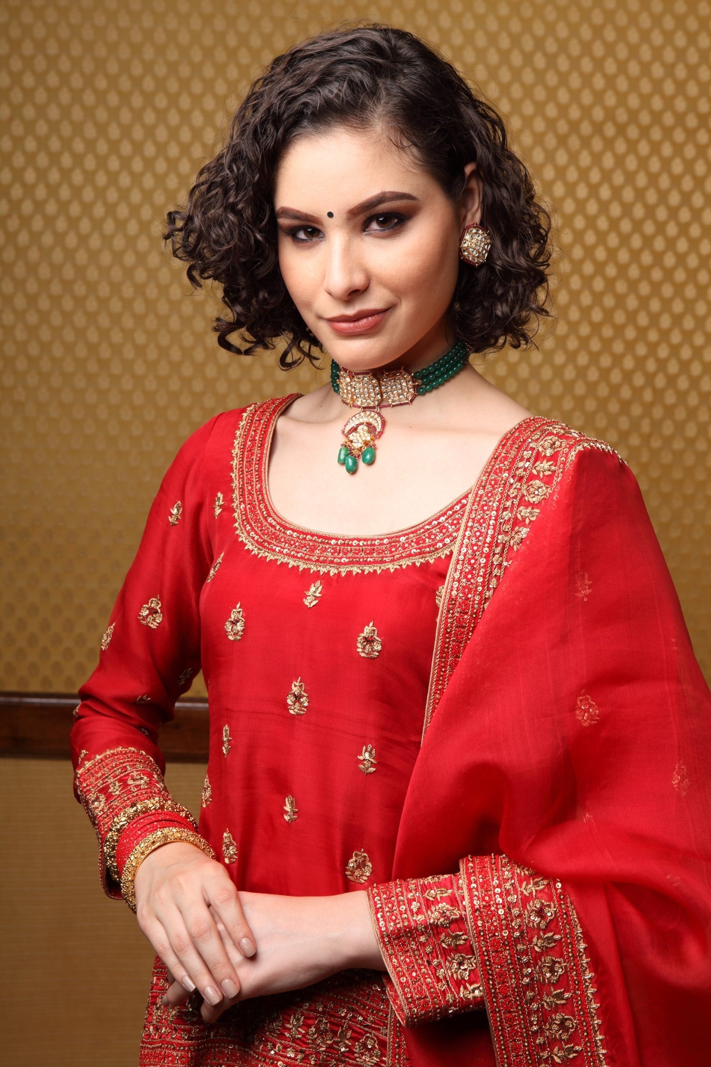 Handembroidered Bridal Red Short Kurta And Pure Metallic Silk Sharara Set