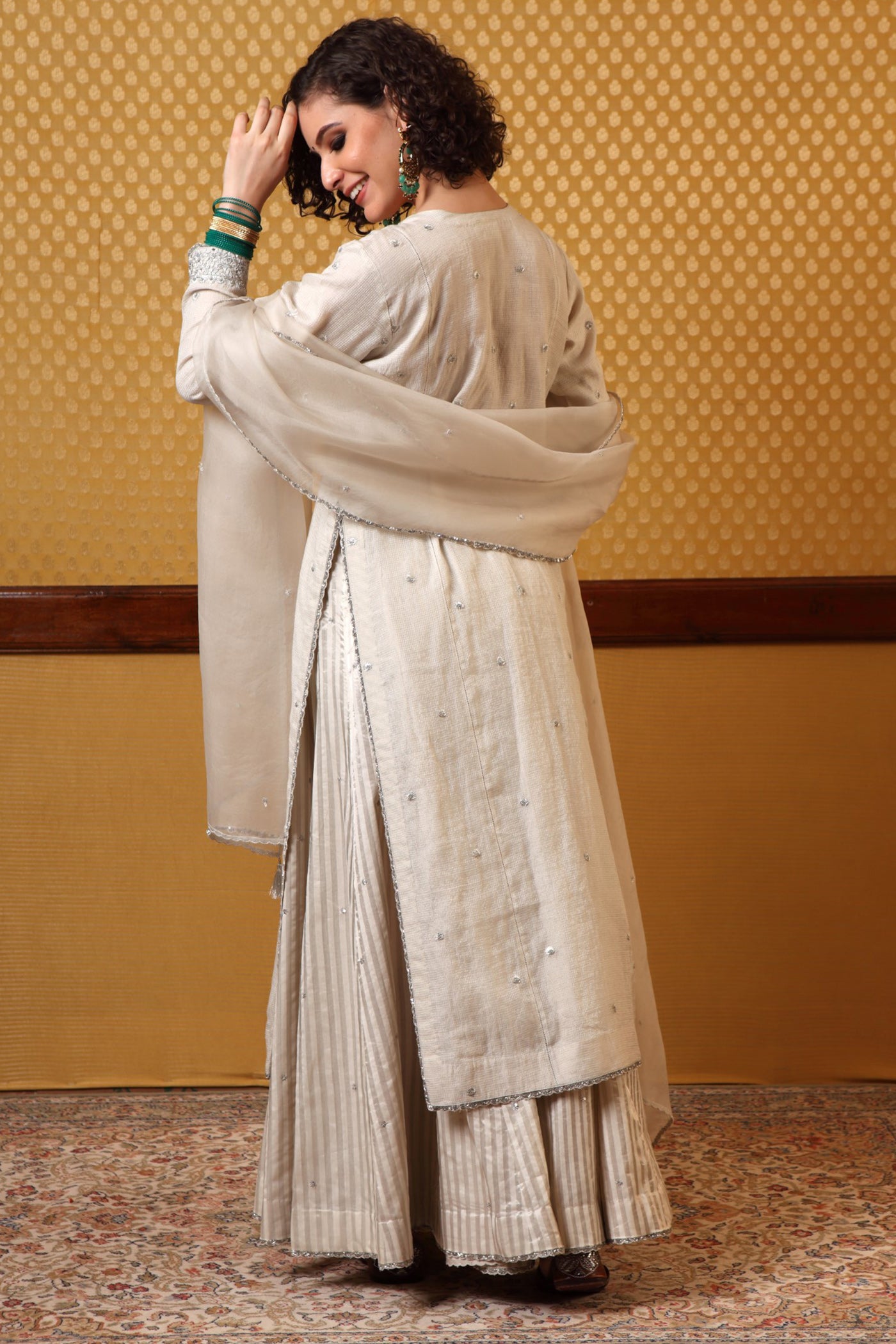 Hand Embroidered Birch White Pure Silkcotton Kurta Sharara Set