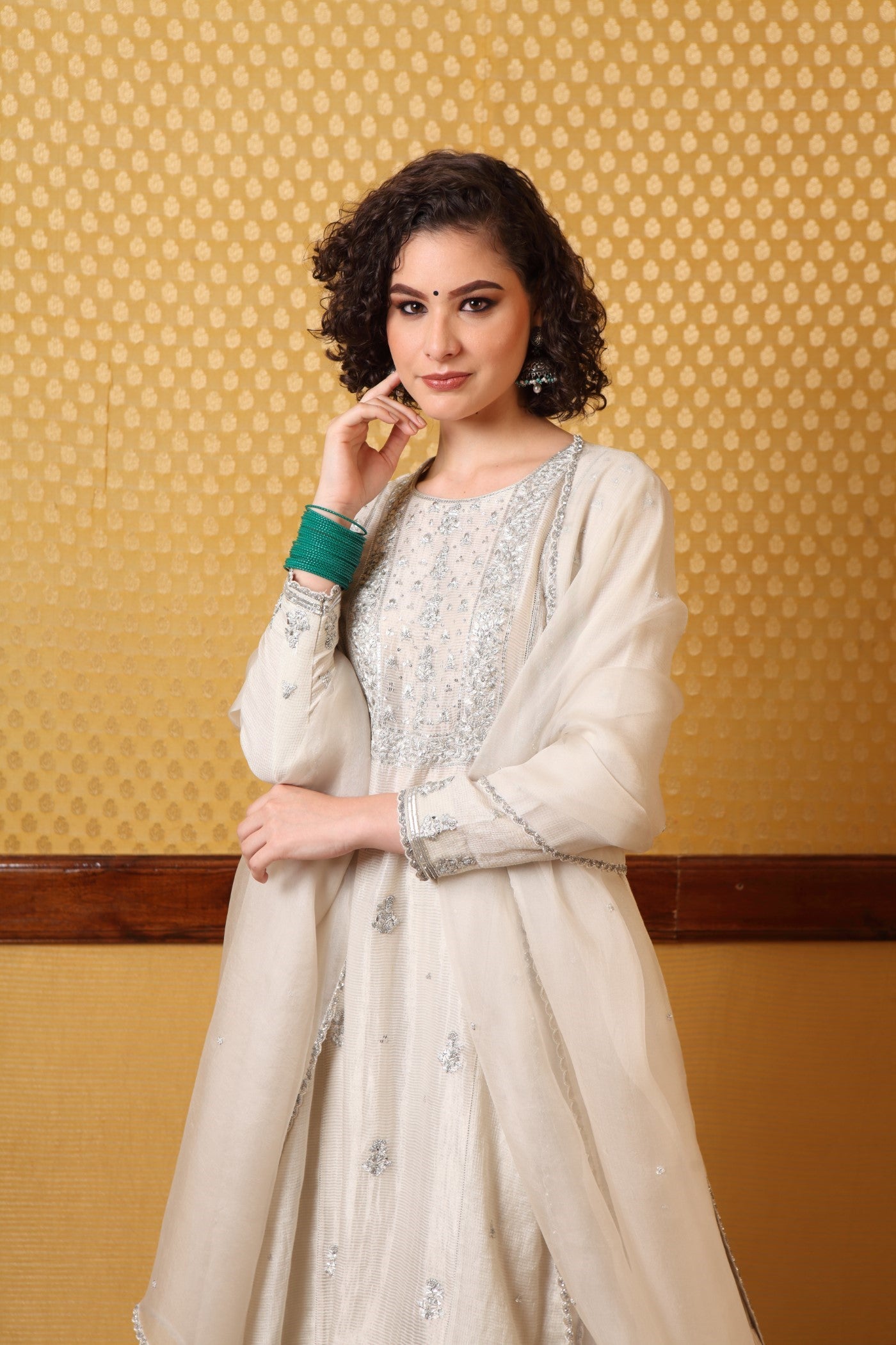 Hand Embroidered Birch White Pure Silkcotton Kurta Sharara Set