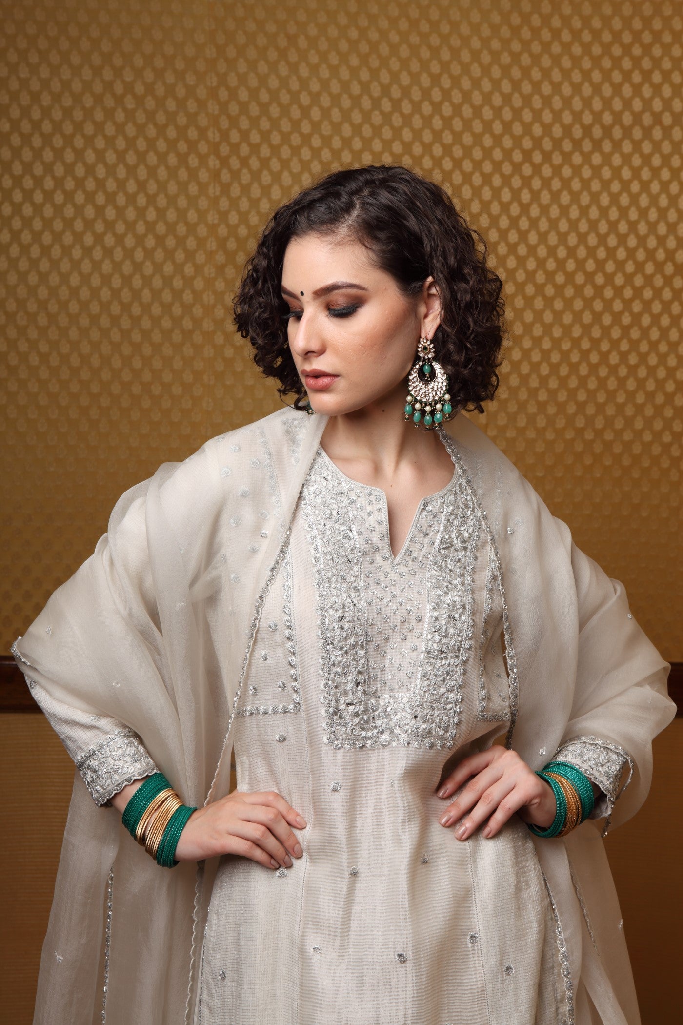 Hand Embroidered Birch White Pure Silkcotton Kurta Sharara Set