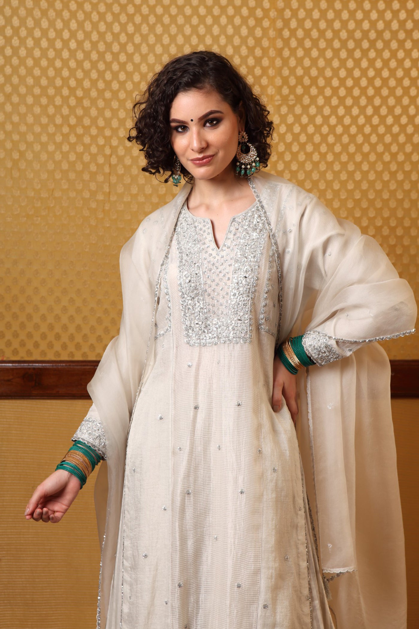 Hand Embroidered Birch White Pure Silkcotton Kurta Sharara Set