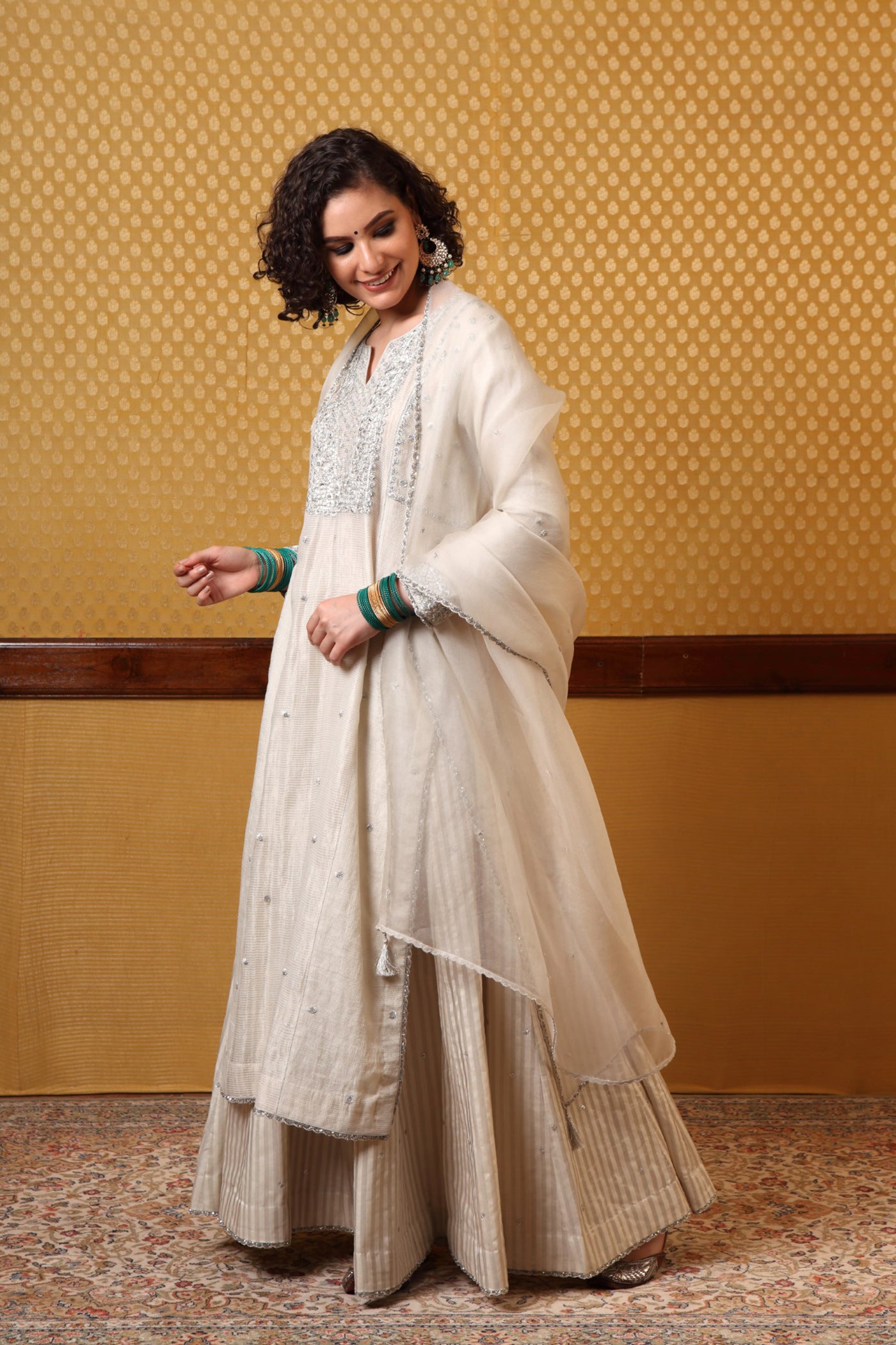 Hand Embroidered Birch White Pure Silkcotton Kurta Sharara Set