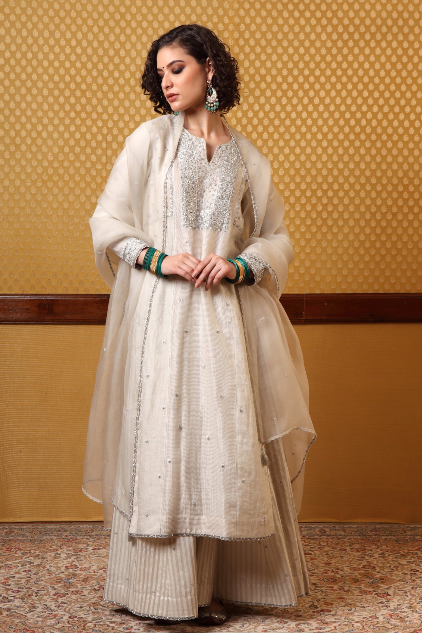 Hand Embroidered Birch White Pure Silkcotton Kurta Sharara Set