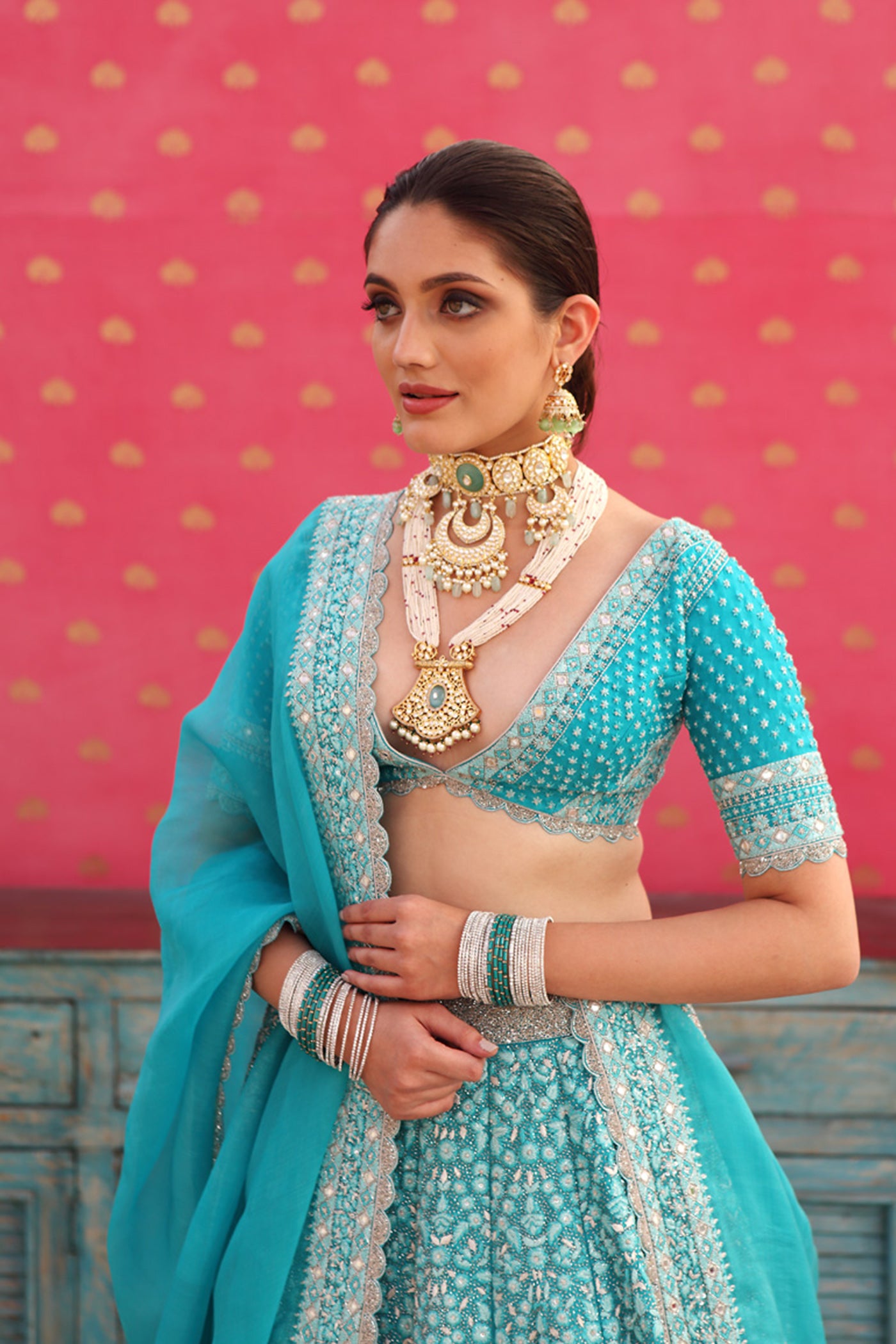 Hand-Embroidered Pure Silk-Organza Sea-Blue Lehenga-Set